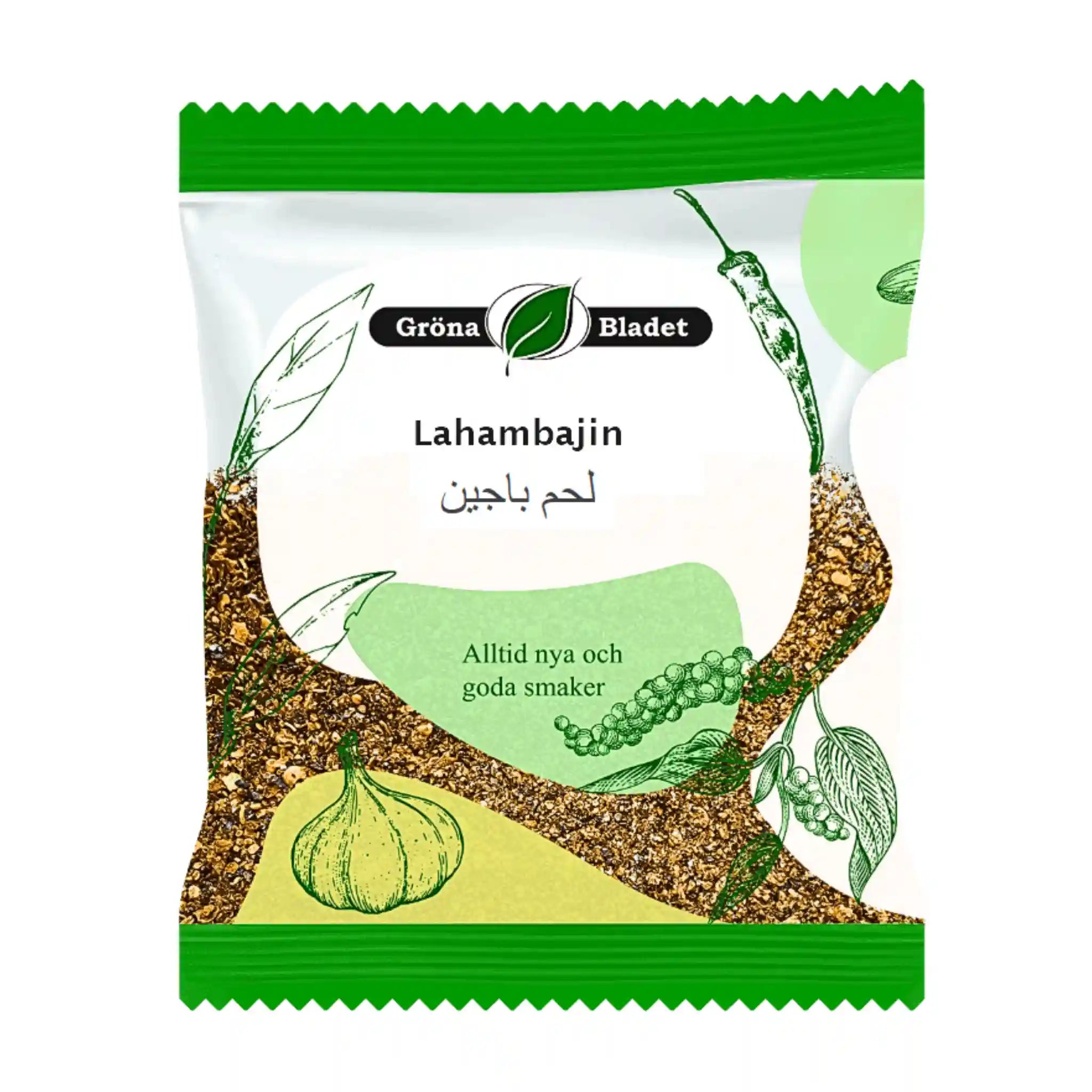 Lahambajin-mausteseos 40 g vihreässä ja valkoisessa pussissa valkosipulin ja yrttien kanssa, itämaiset mausteet.