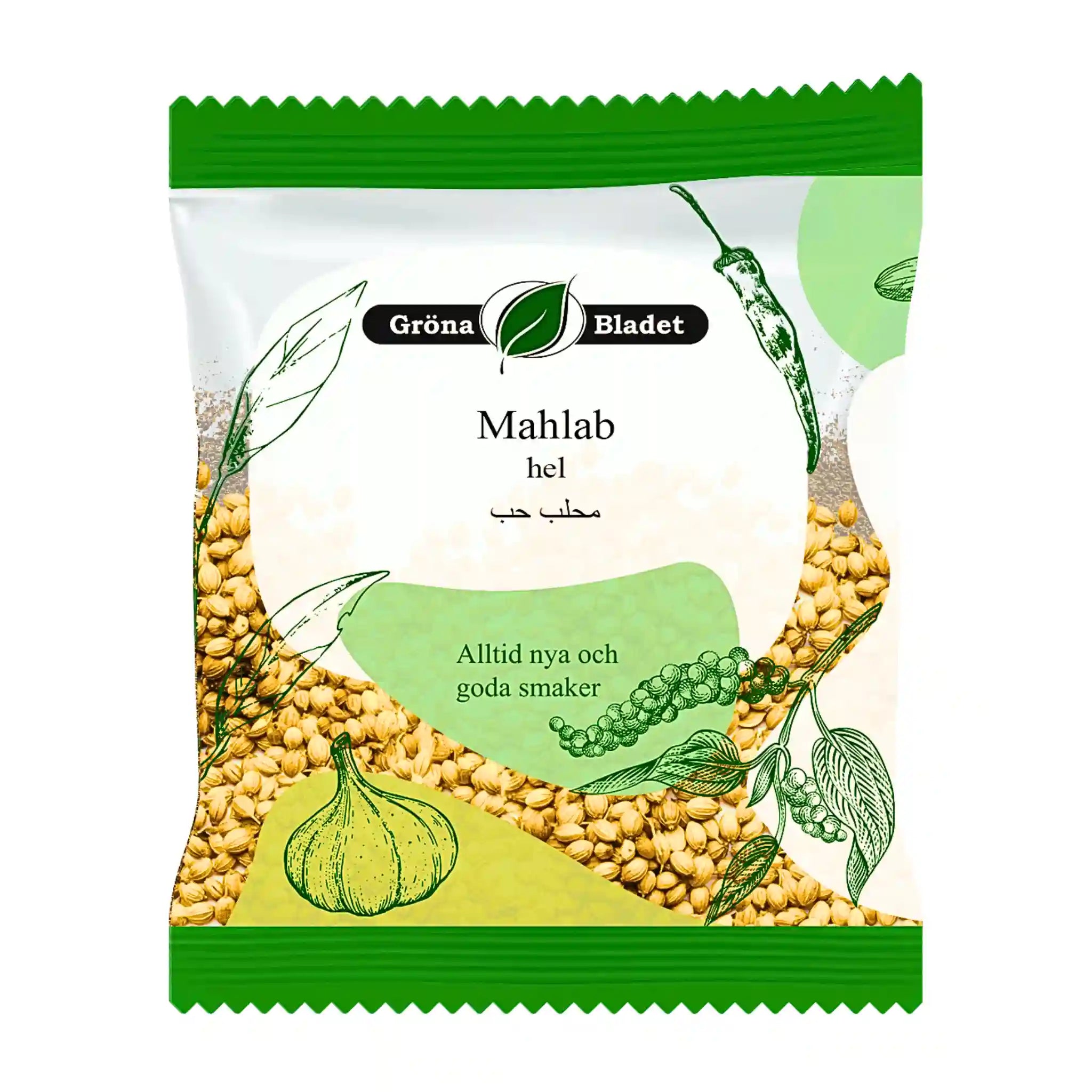 Pussi kokonaisia mahlab-kärmeitä, itämaiset mausteet, kuvitetut yrtit, vihreä korkki