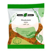 Pussi jauhettua muskottipähkinää, itämaisia mausteita, vihreä ja valkoinen pakkaus, 40g.
