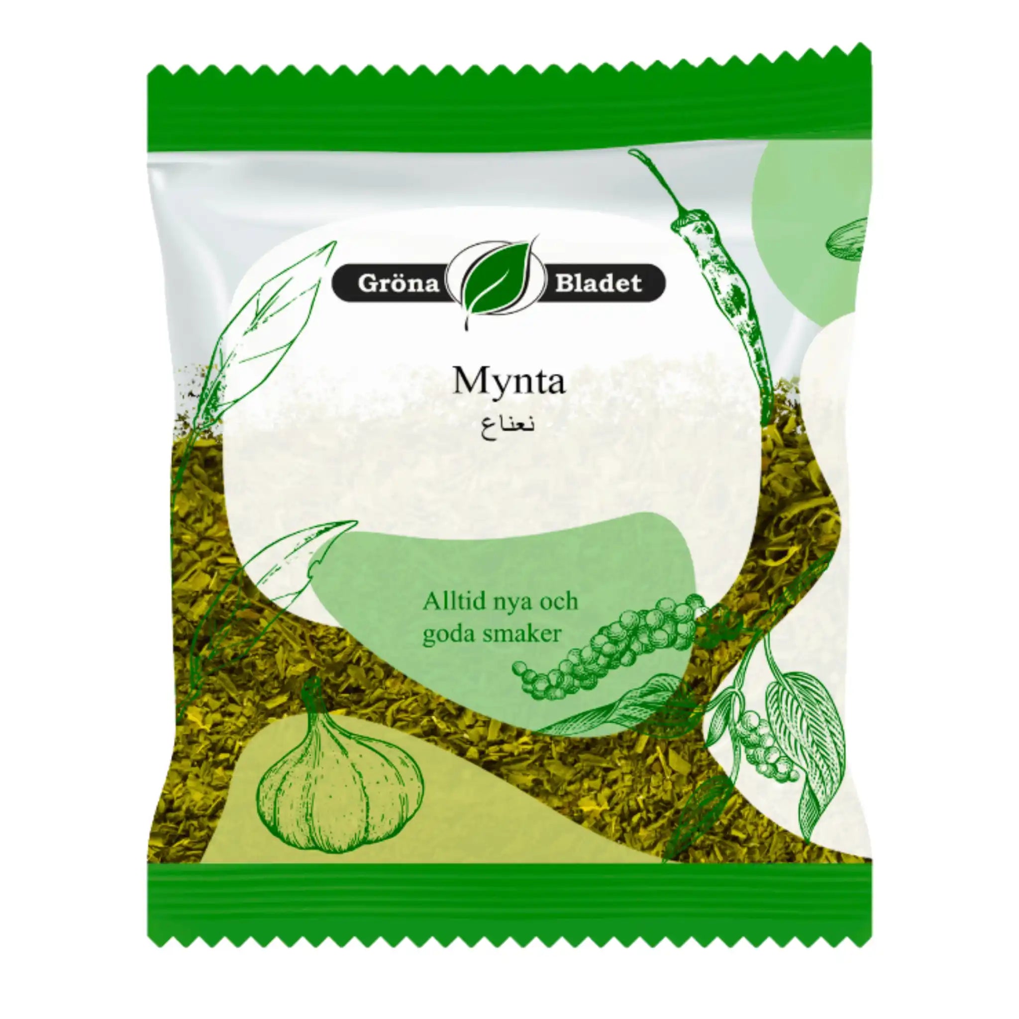 Pakkaus kuivattua minttua, vihreät kasvikuvitukset, teksti 'Minttu' ja läpinäkyvä ikkuna.