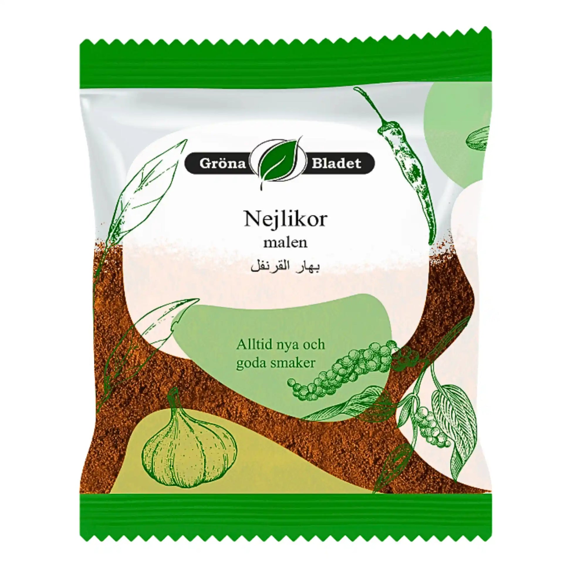 Pakkaus jauhettua neilikkaa, itämaisia mausteita, vihreä ja valkoinen design, 40g