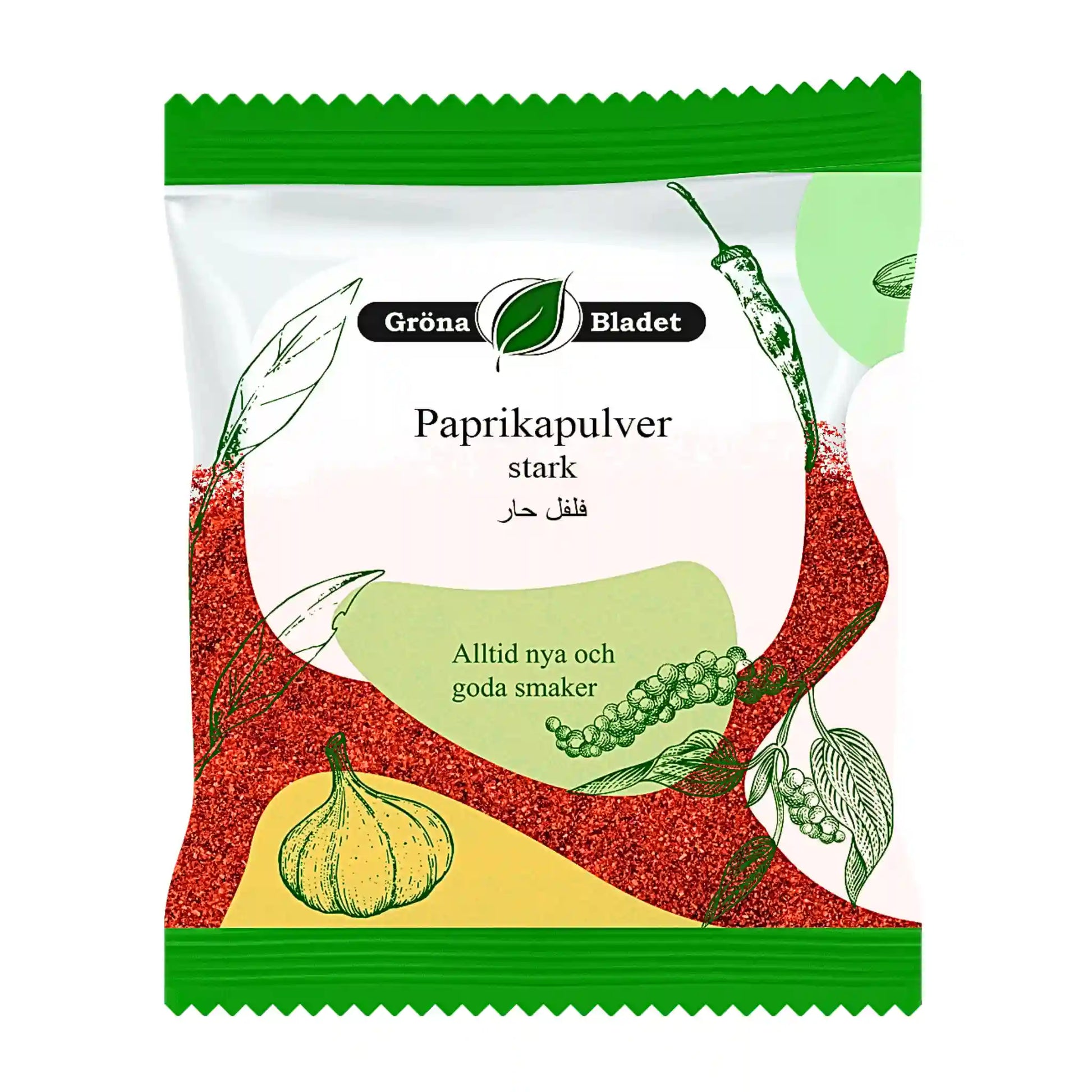 Pakkaus vahvaa paprikajauhetta 40 g, värikäs suunnittelu valkosipulin ja chilin kuvituksella.