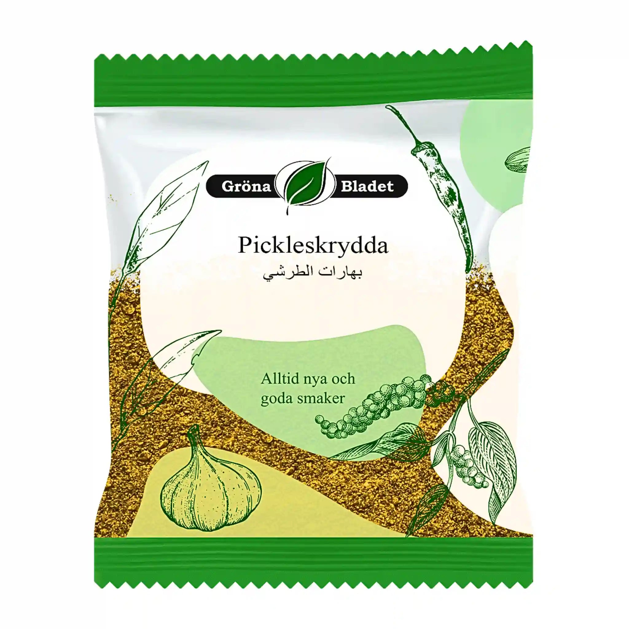 Pussi Gröna Bladet -suolakurkkumaustetta 40 g, kuvitetut mausteet ja vihreä-valkoinen pakkaus.
