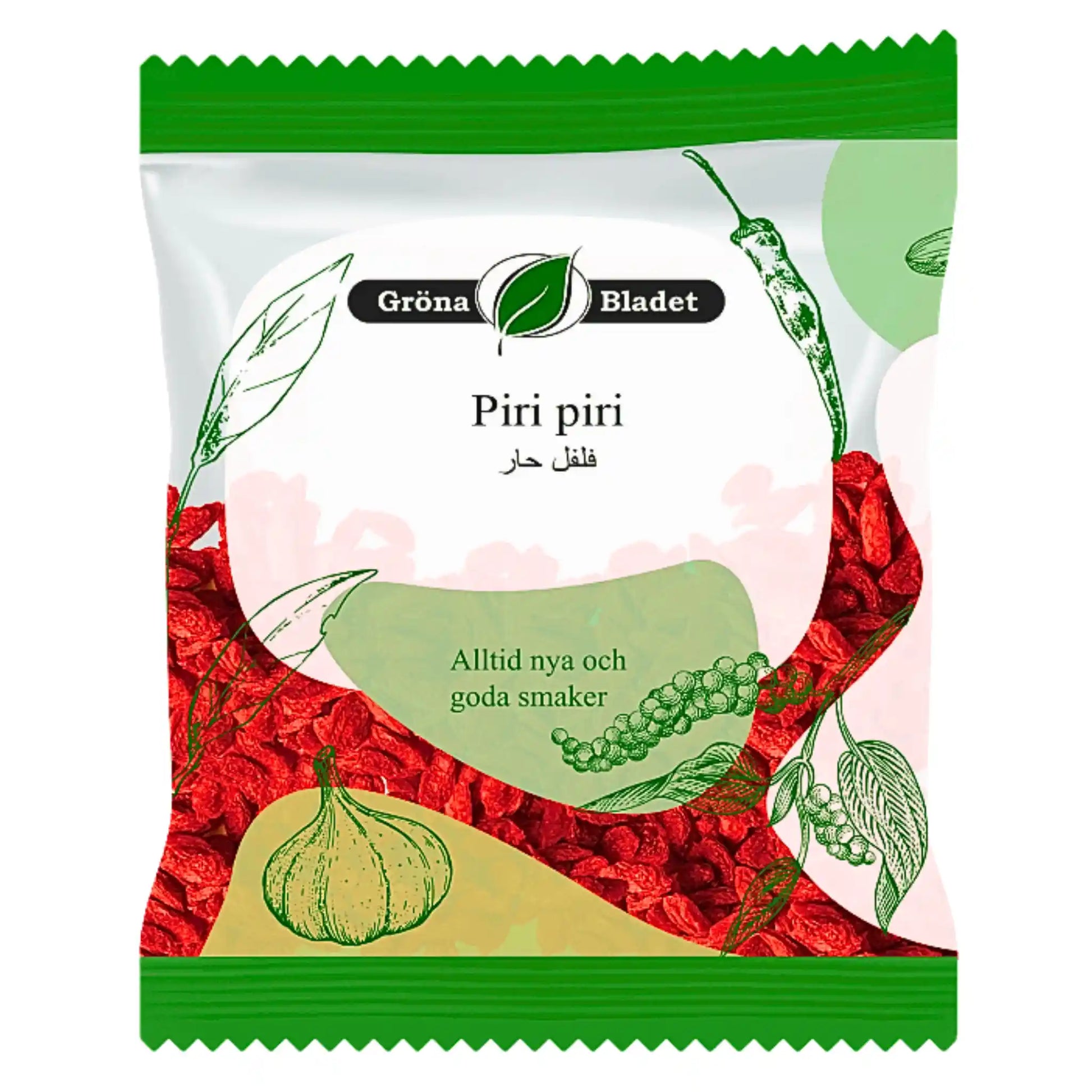 Pussi, jossa on piri piri -chili, itämaisia mausteita, valkosipulia ja pippuria esittäviä vihreitä kuvituksia.