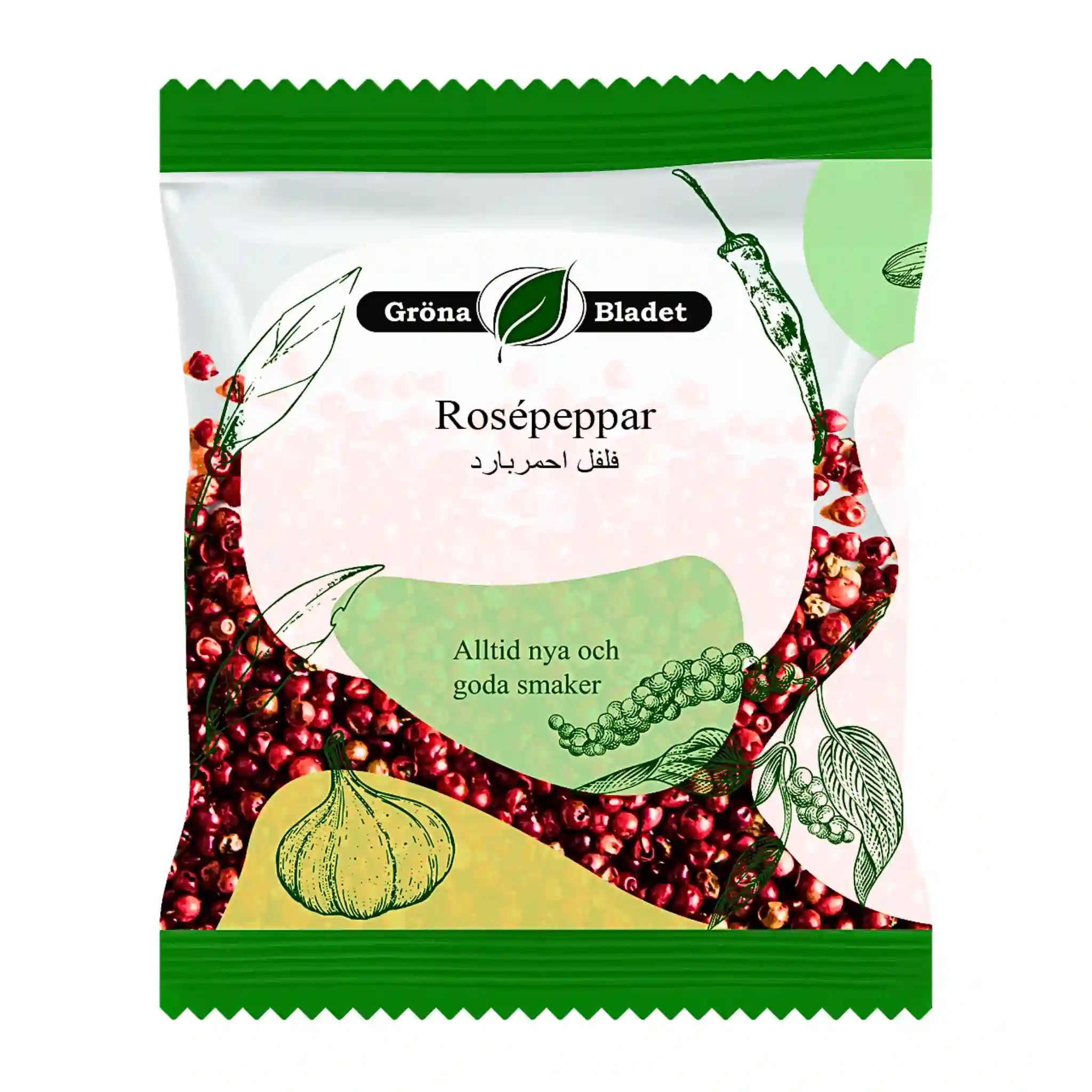 Gröna Bladetin roosipippurin pakkaus 25 g, mausteiden kuvitukset, valkoinen tausta.