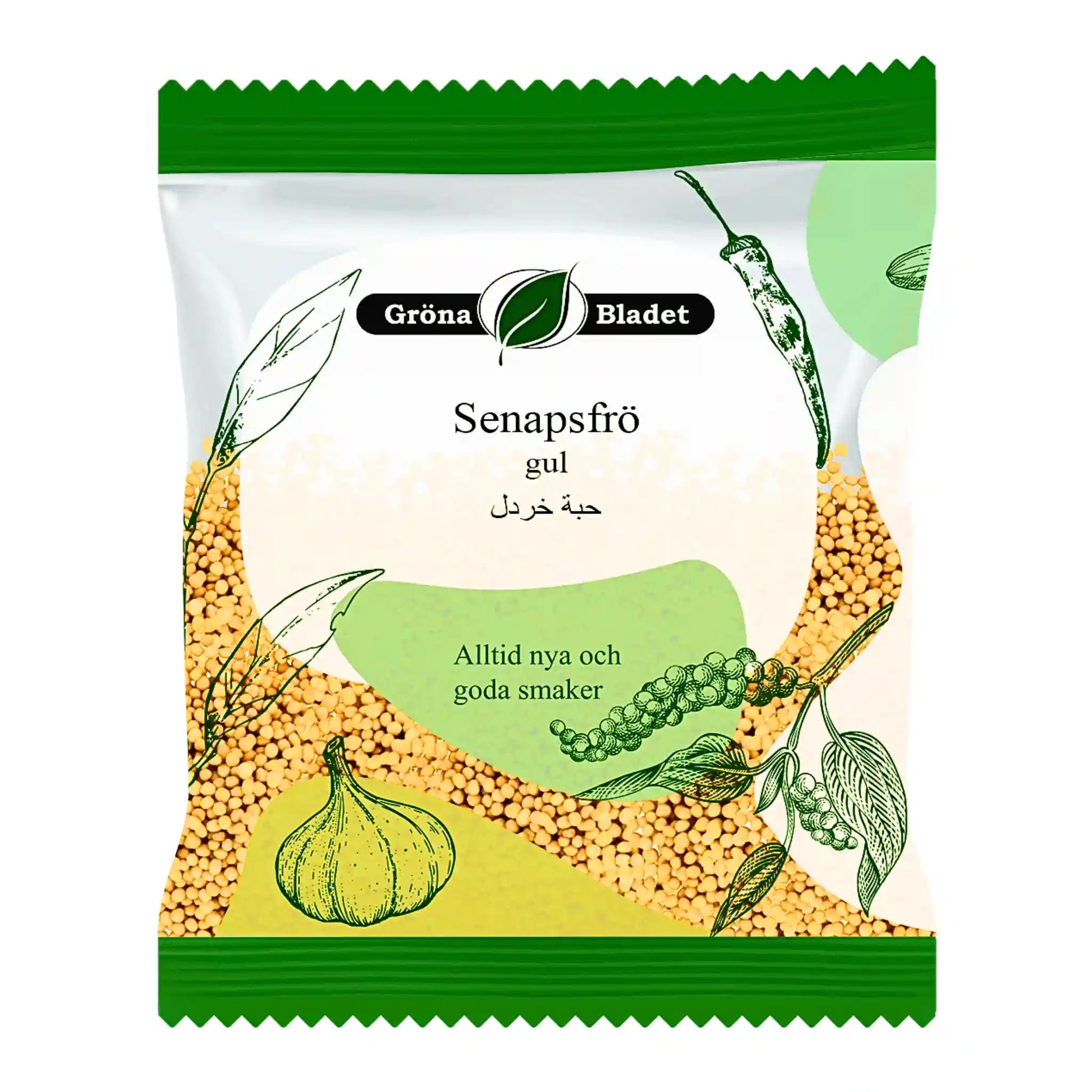 Gröna Bladetin keltaisten sinapinsiementen pakkaus, 40 g, mausteet ja vihannesten kuvitukset.