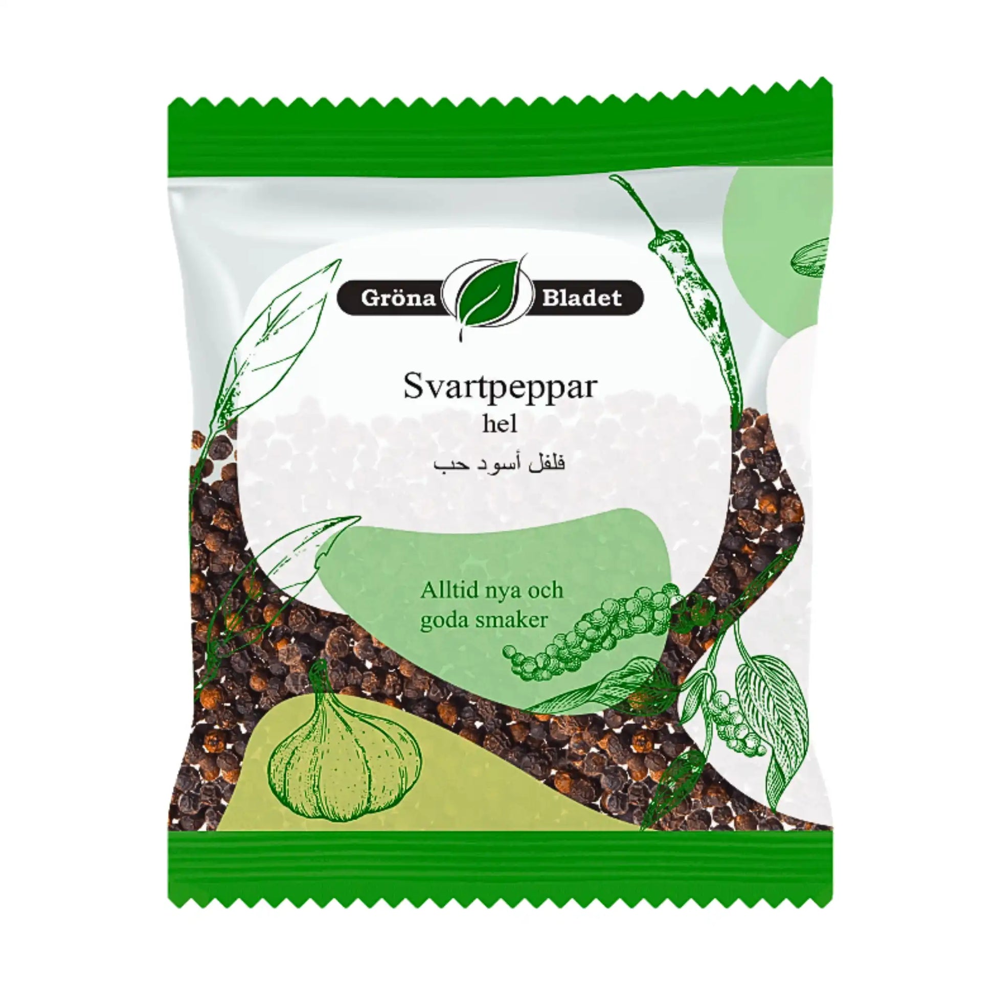 Mustapippuripussi, mustapippuri kuvattuna, vihreä ja valkoinen design.