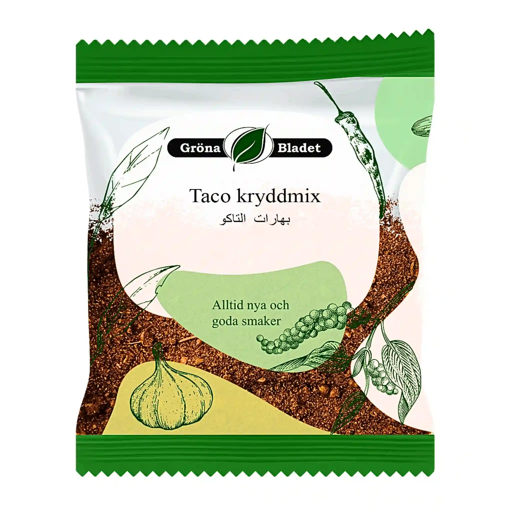 Gröna Bladetin taco-mausteseos 40 g pussi, jossa vihreä reuna, maustekuvioita ja tuotenimi.