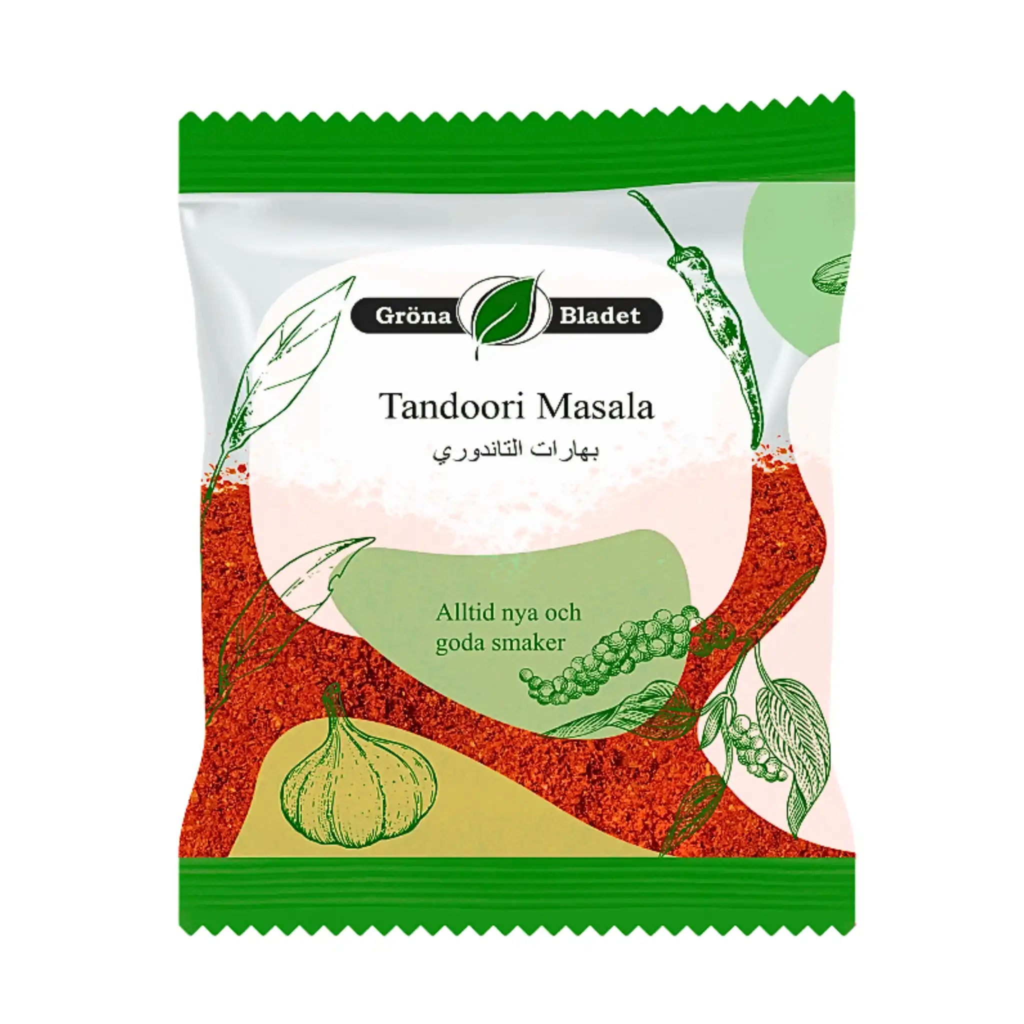 Gröna Bladet Tandoori Masala 40g maustesekoitus, valkoinen ja vihreä pakkaus maustekuvioilla.