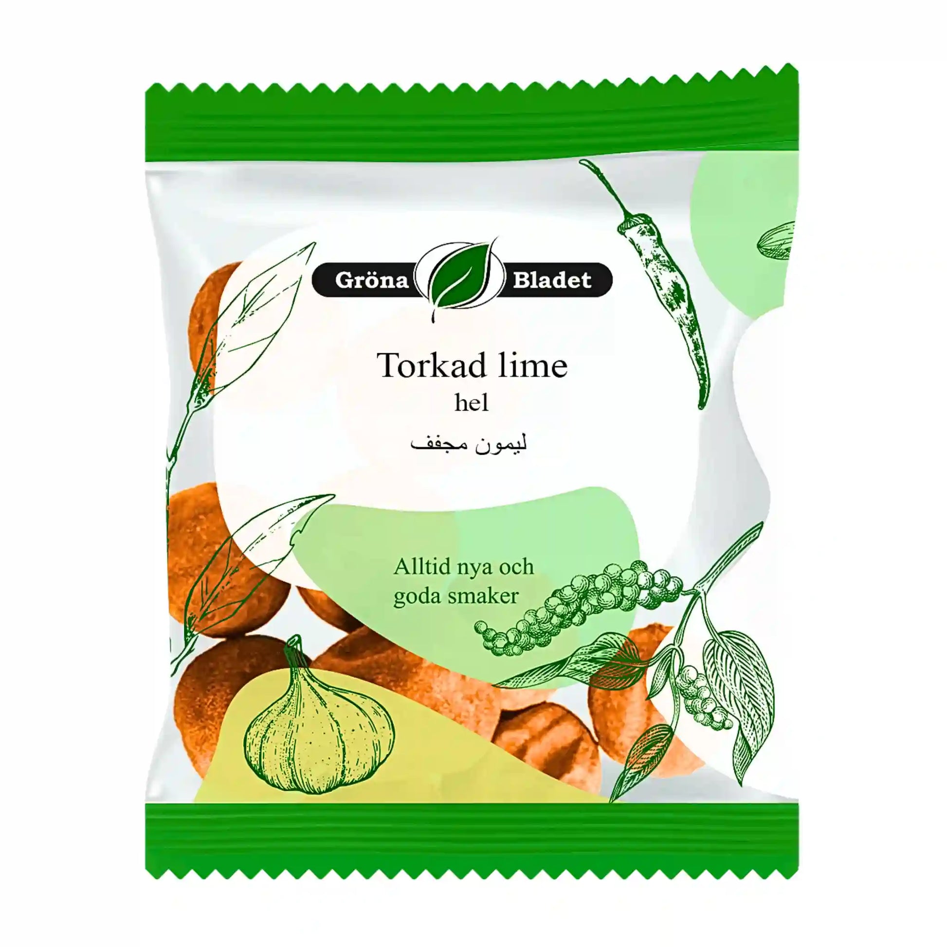 Pussi, jossa on kuivattuja kokonaisia limejä, kuvitettu mausteilla ja selkeä teksti pakkauksessa.