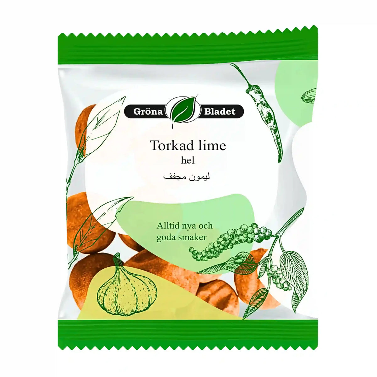 Påse med hela torkade lime, illustrerad med kryddor och tydlig text på förpackning.