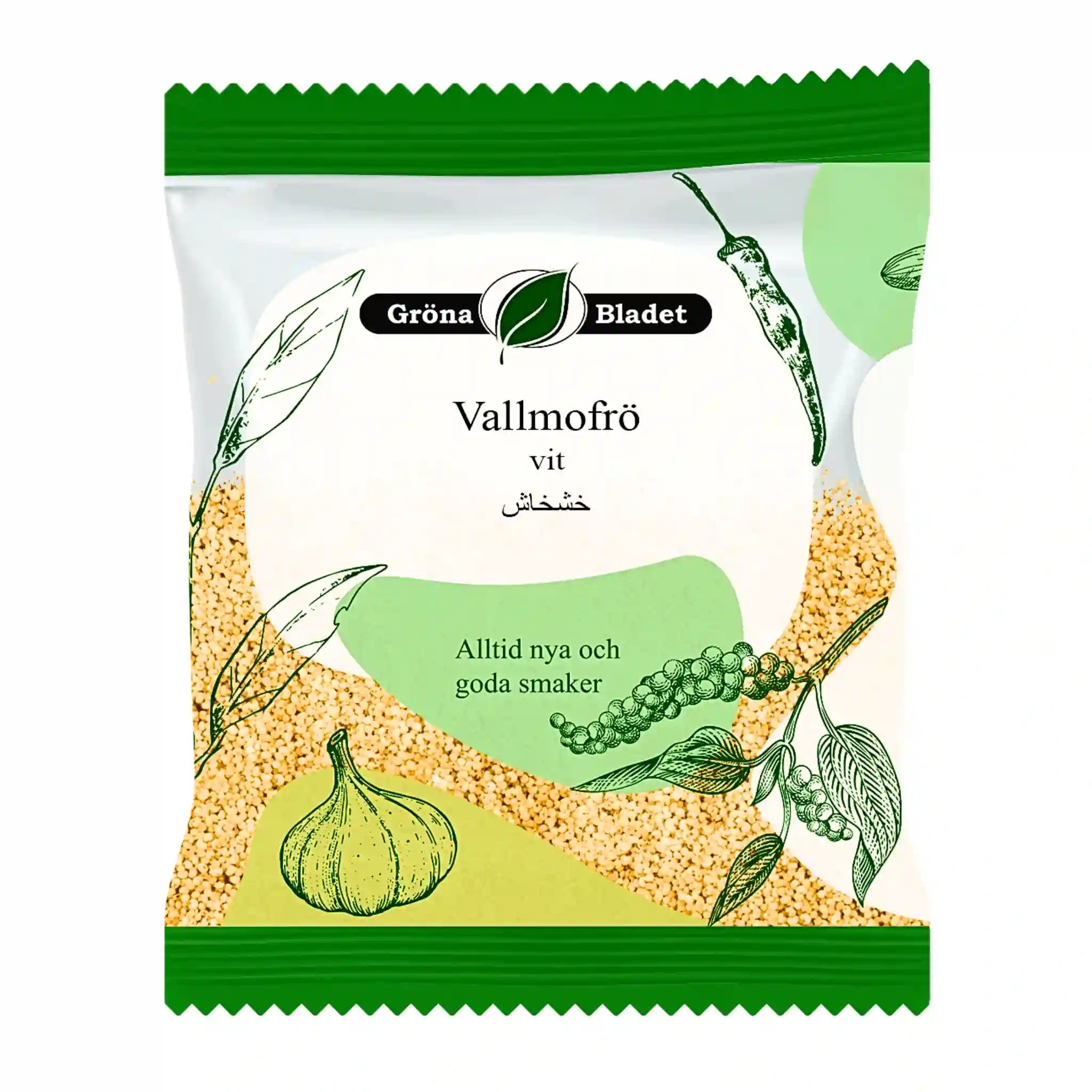 Pakkaus valkoisilla pellavansiemenillä, kuvitettu valkosipulilla ja mausteilla, itämaisia makuja.