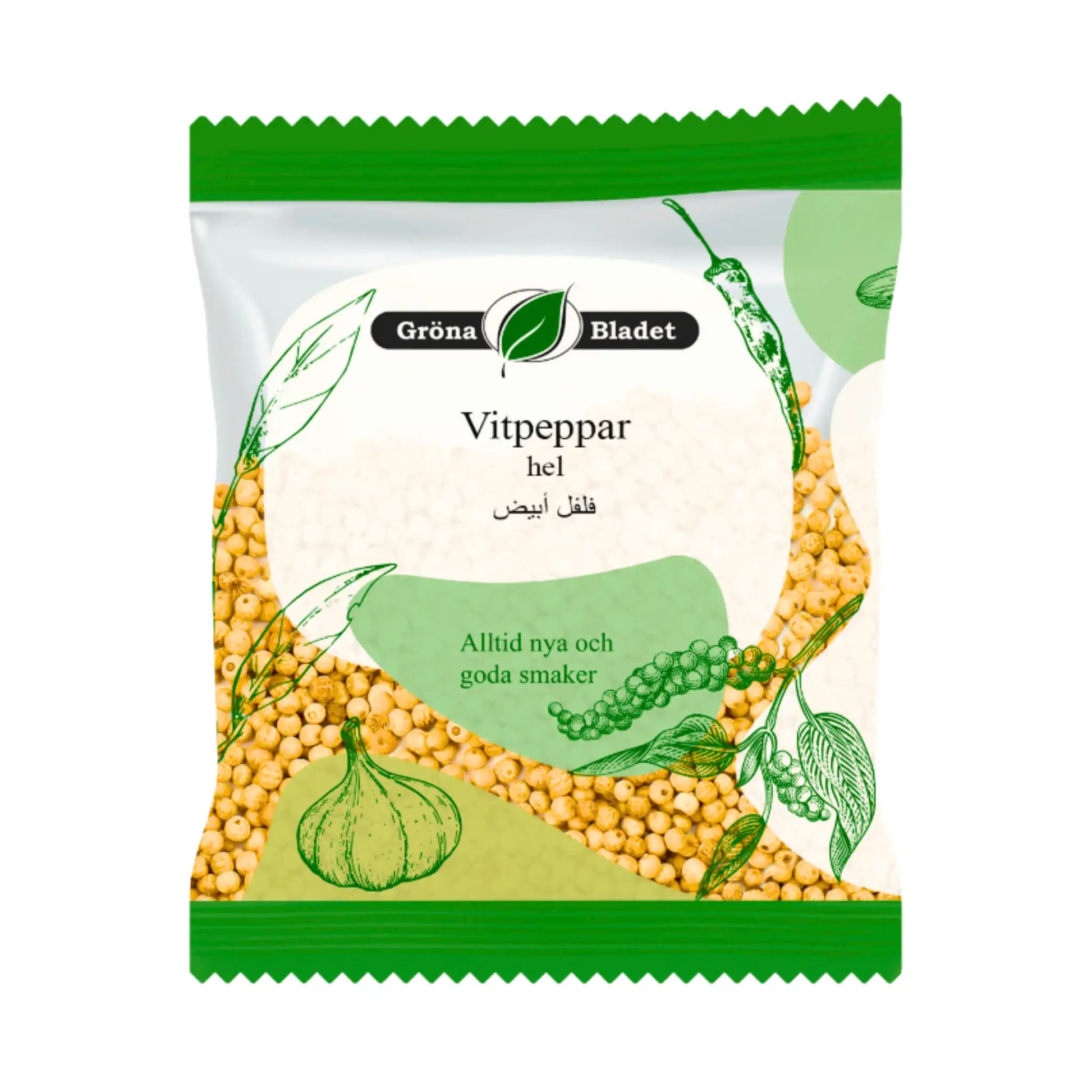Valkopippurijyviä sisältävä pakkaus, pippurikasvi ja valkosipuli kuvattuina, vihreä design.