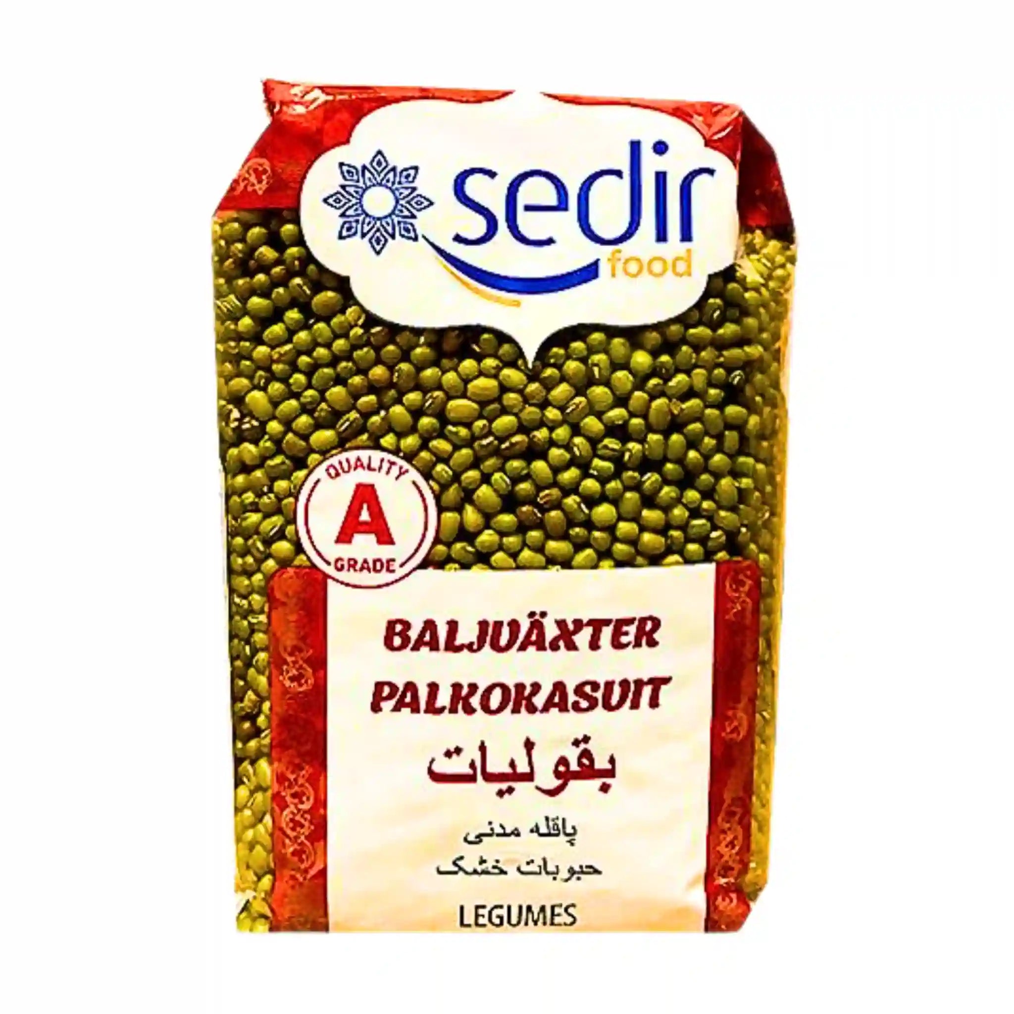 Vihreitä munia 800 g pakkauksessa, jossa selkeä Sedir-logo, palkokasvi-elintarvike.