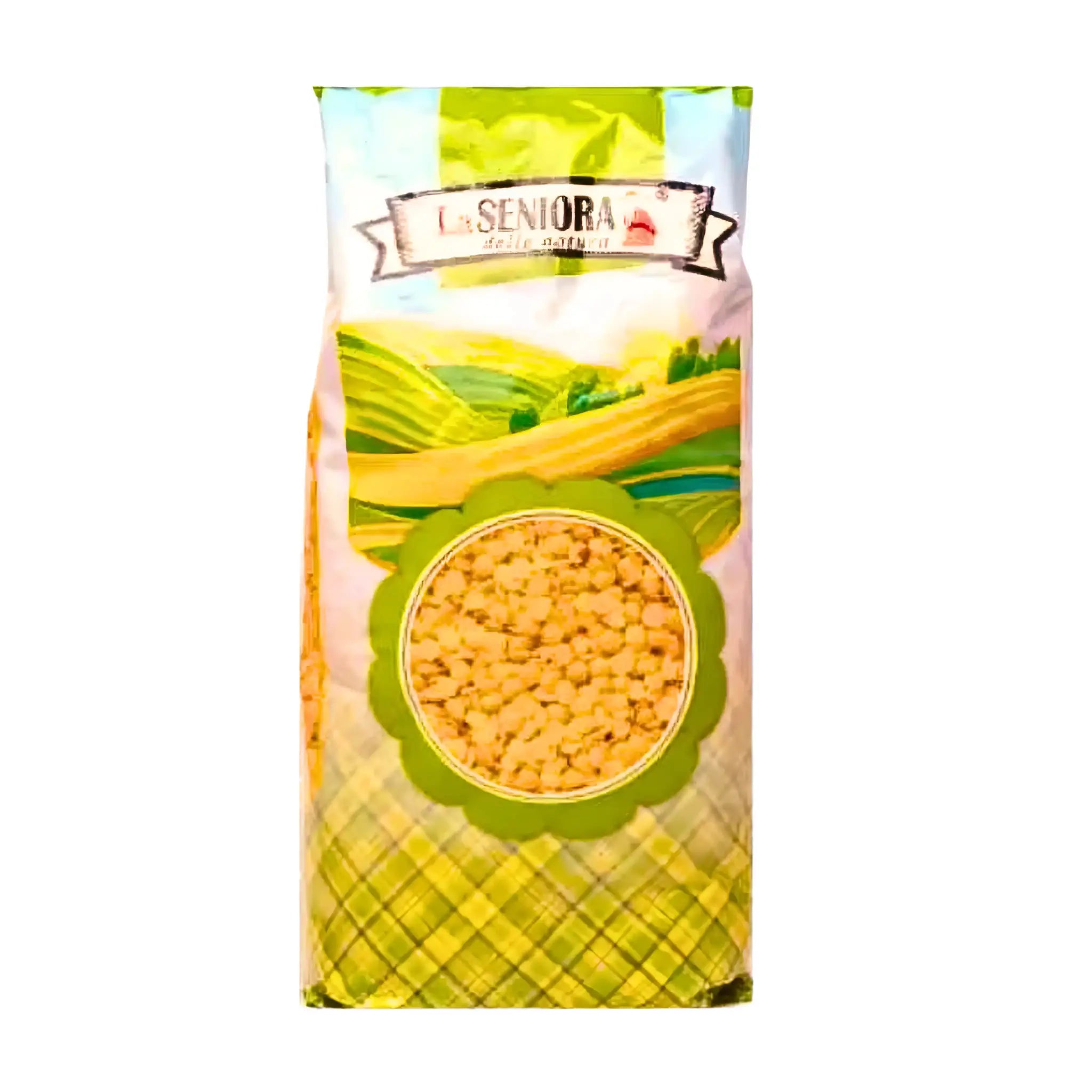 Förpackning med gula linser 900g, orientaliska kolonialvaror, tydlig grön och gul design.