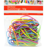 Värikkäät kuminauhat pakkauksessa, 50 g toimistotarvikkeita.
