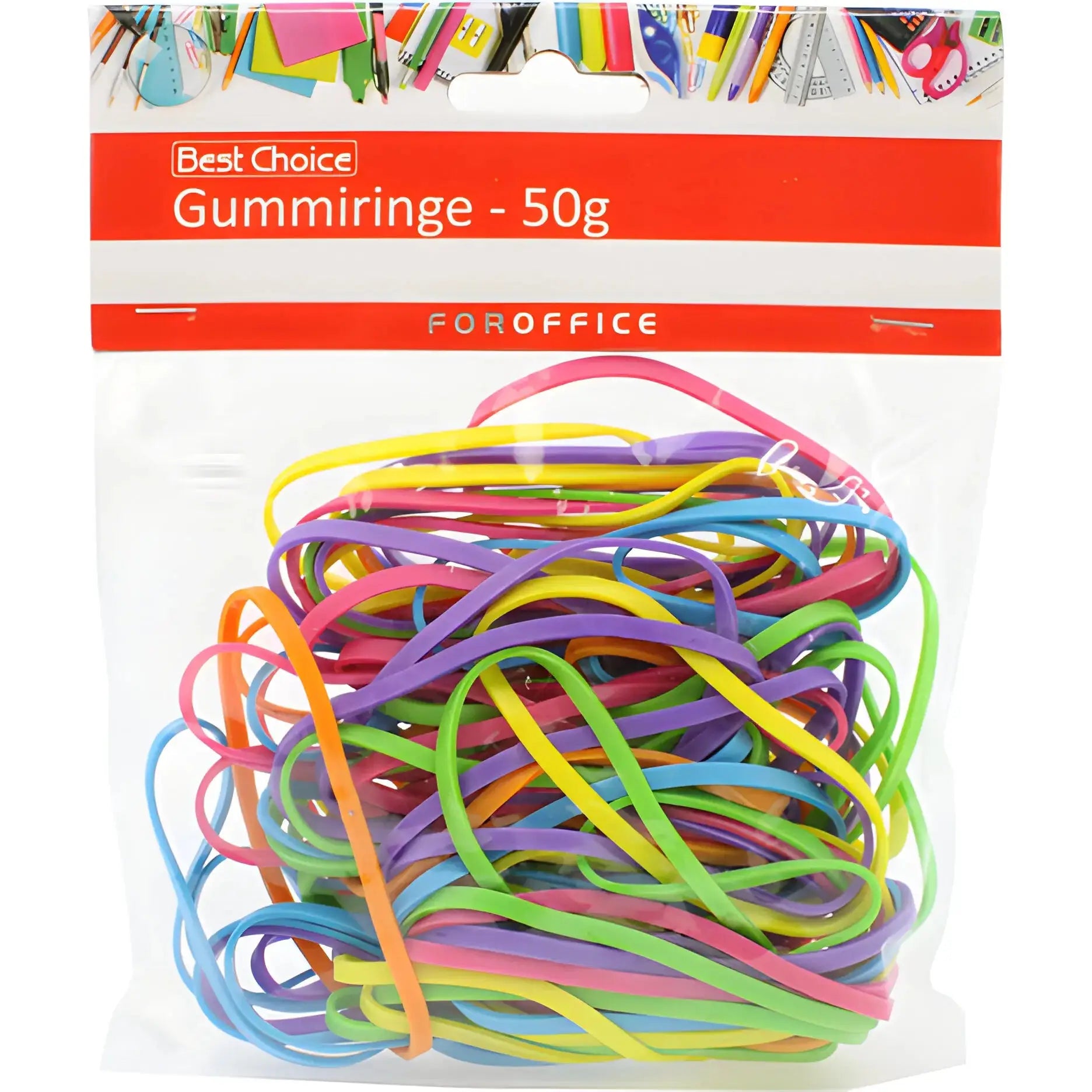 Värikkäät kuminauhat pakkauksessa, 50 g toimistotarvikkeita.