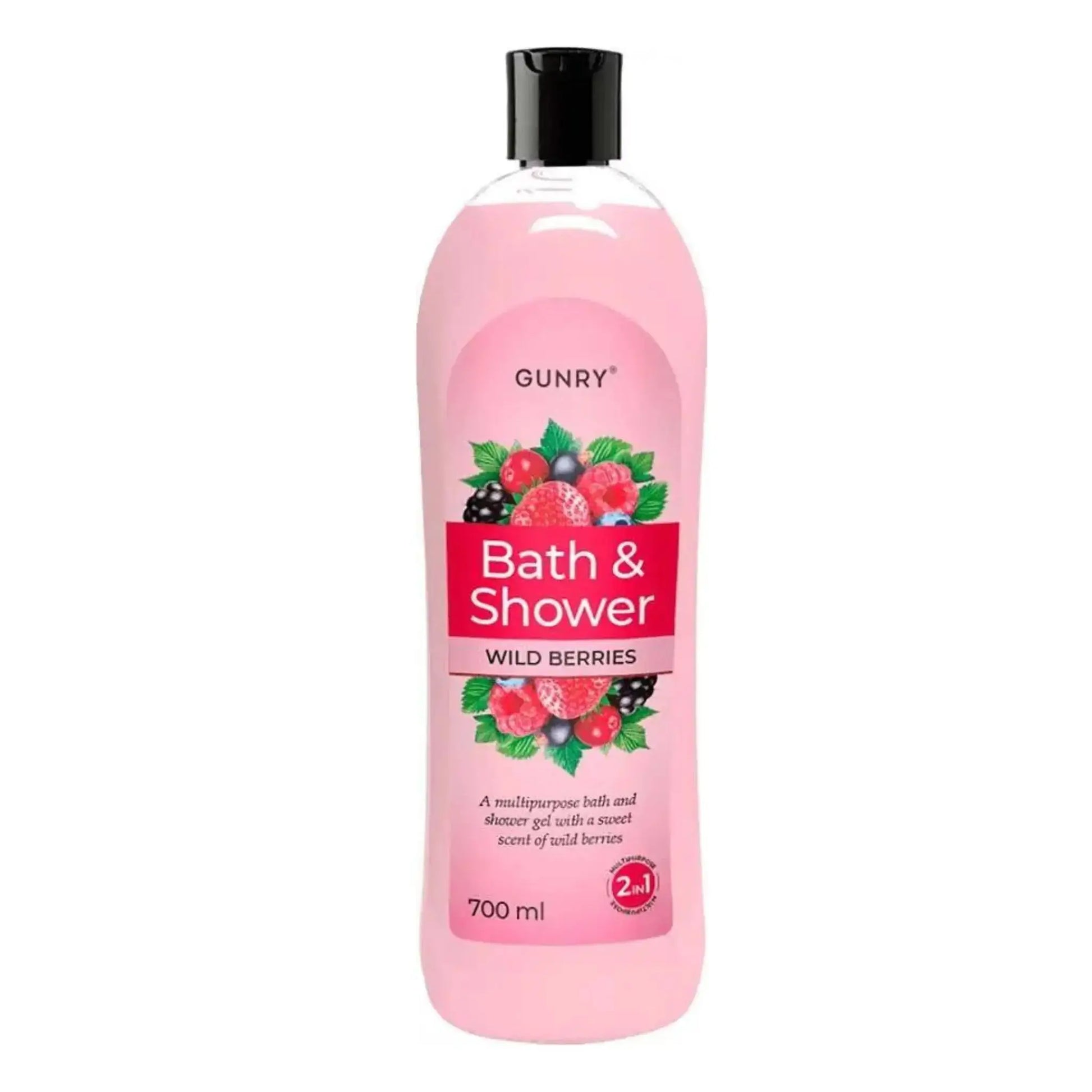 Vaaleanpunainen pullo Gunry Bath & Shower -suihku- ja kylpygeeli Wild Berries, 700 ml, etiketissä marjoja ja vihreitä lehtiä.