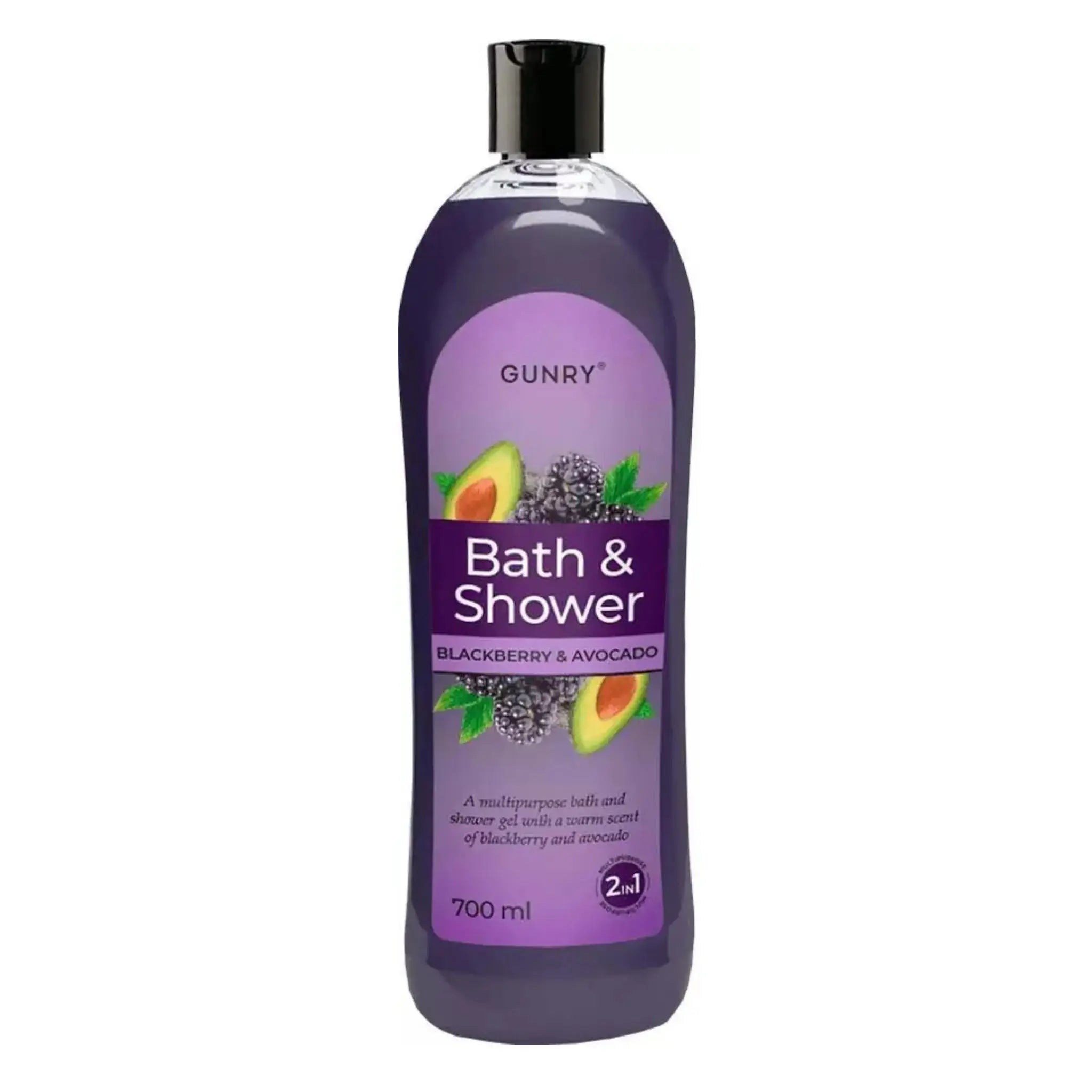 Gunry Bath & Shower -pullo mustikka ja avokado 700 ml, lila design kylpyyn ja suihkuun.