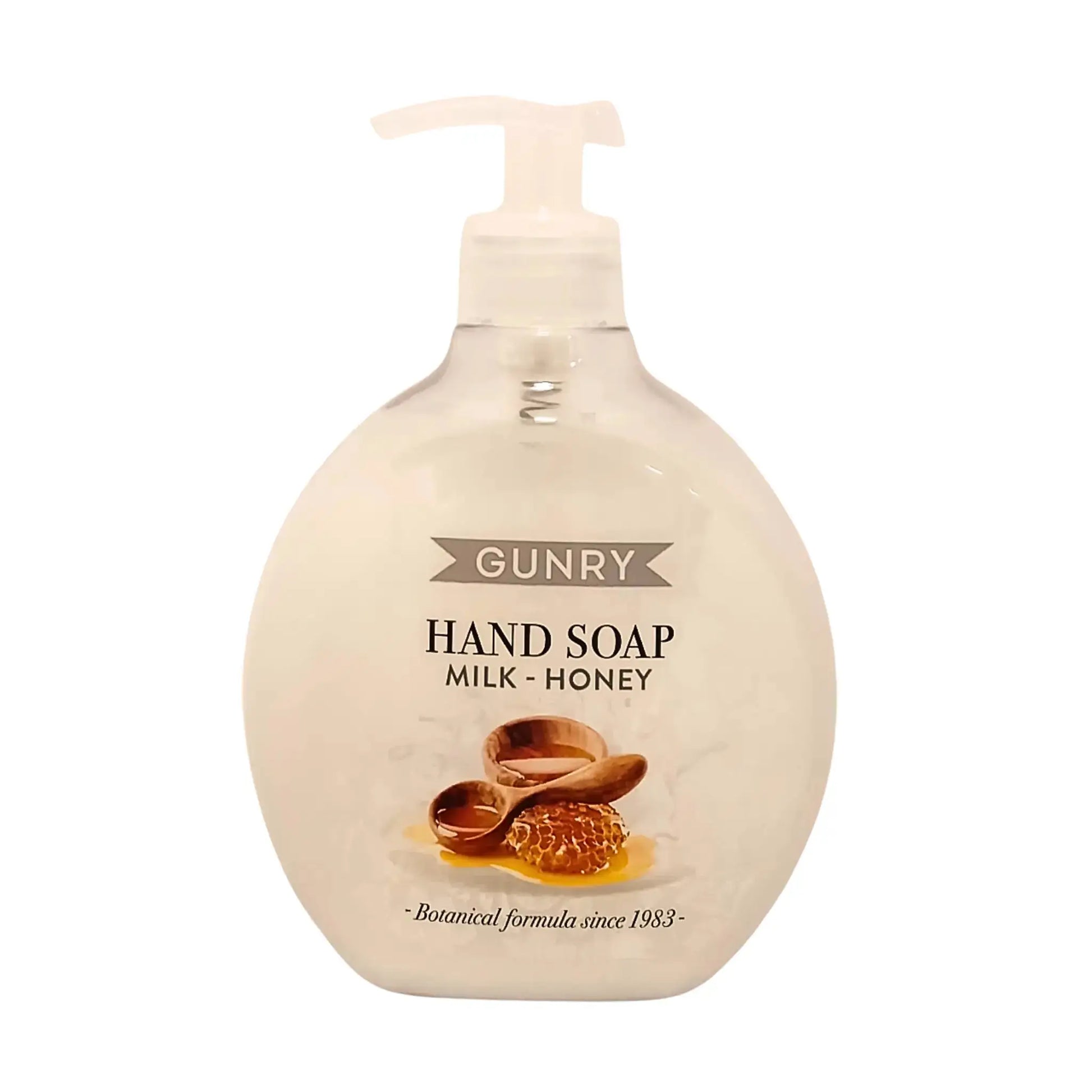 Pumppupullollinen nestemäistä käsisaippuaa, Gunry Milk & Honey 400 ml, läpinäkyvä pullo valkoista taustaa vasten.