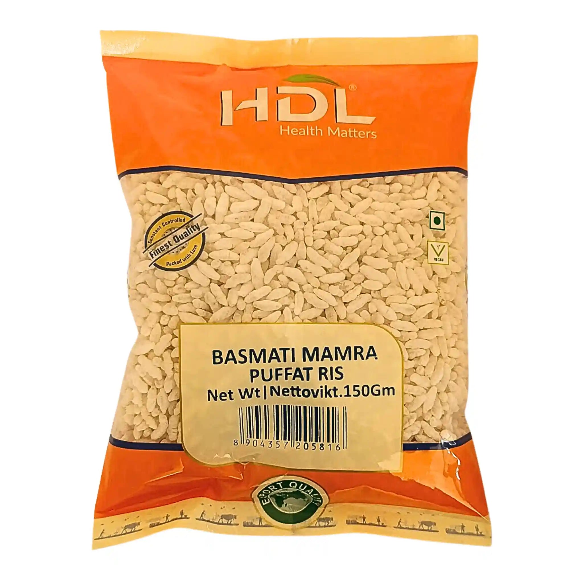 Pakkaus HDL Basmati Mamra puffattua riisiä 150 g, itämaisia perustarvikkeita.