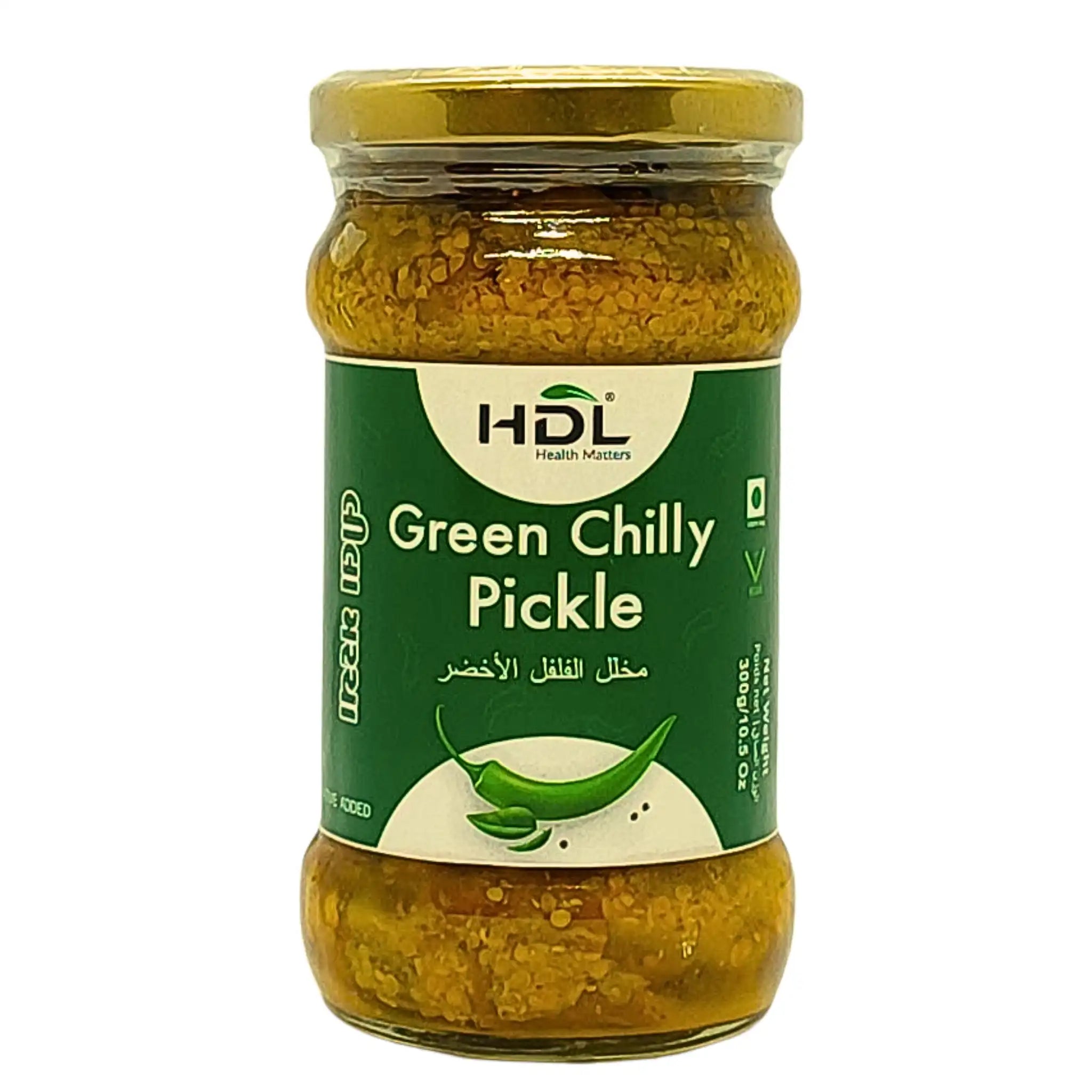 Lasipurkki, jossa on vihreä chili-pickle, suolattu vihreä chili, itämainen lisuke.