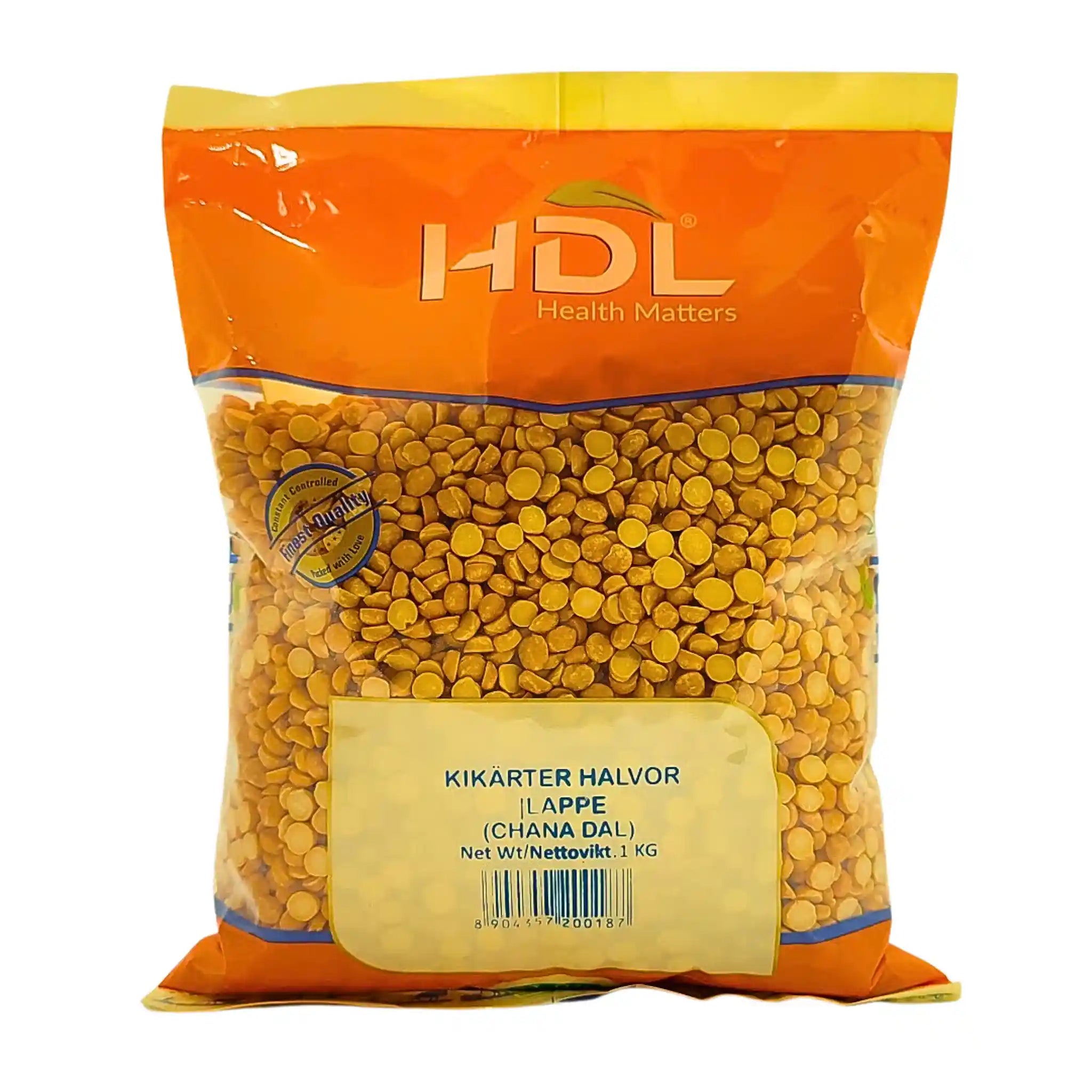 Pakkaus, jossa on HDL chana dal -herneitä (kikherneen puolikas), 1 kg valkoisella taustalla