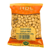 Pakkaus HDL makhana lotusjyviä 100 g, itämainen välipala, selkeä etiketti.