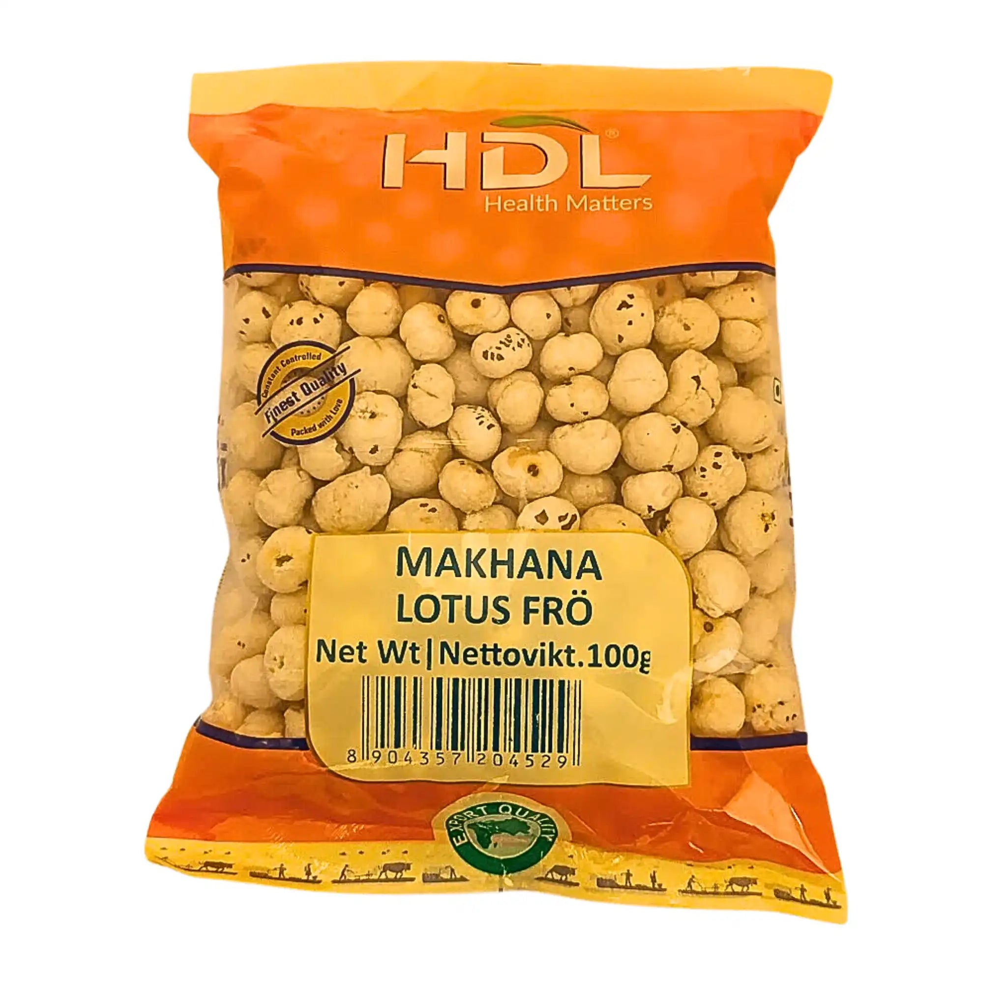 Pakkaus HDL makhana lotusjyviä 100 g, itämainen välipala, selkeä etiketti.