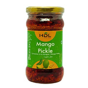 Lasipurkki, jossa on HDL Mango Pickle, itämainen mangopickle, vihreä etiketti, keltan kannen