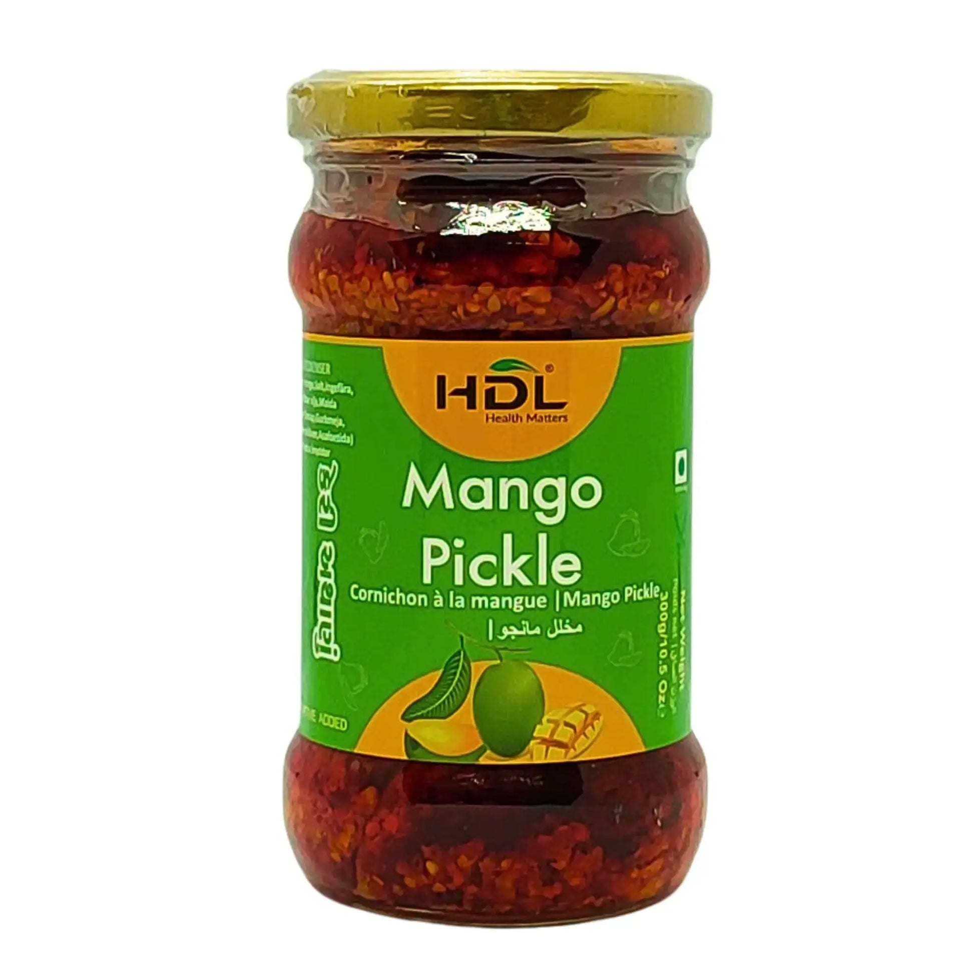 Lasipurkki, jossa on HDL Mango Pickle, itämainen mangopickle, vihreä etiketti, keltan kannen