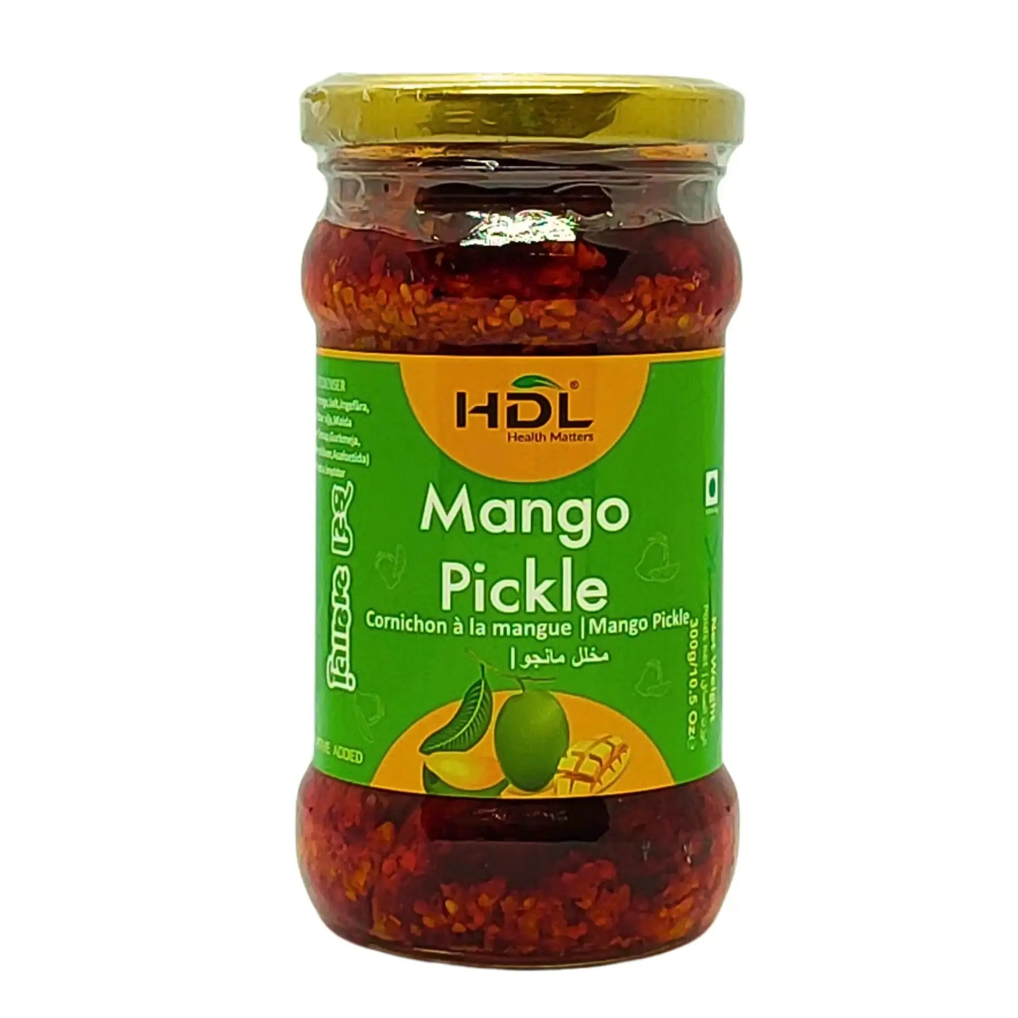 Lasipurkki, jossa on HDL Mango Pickle, itämainen mangopickle, vihreä etiketti, keltan kannen