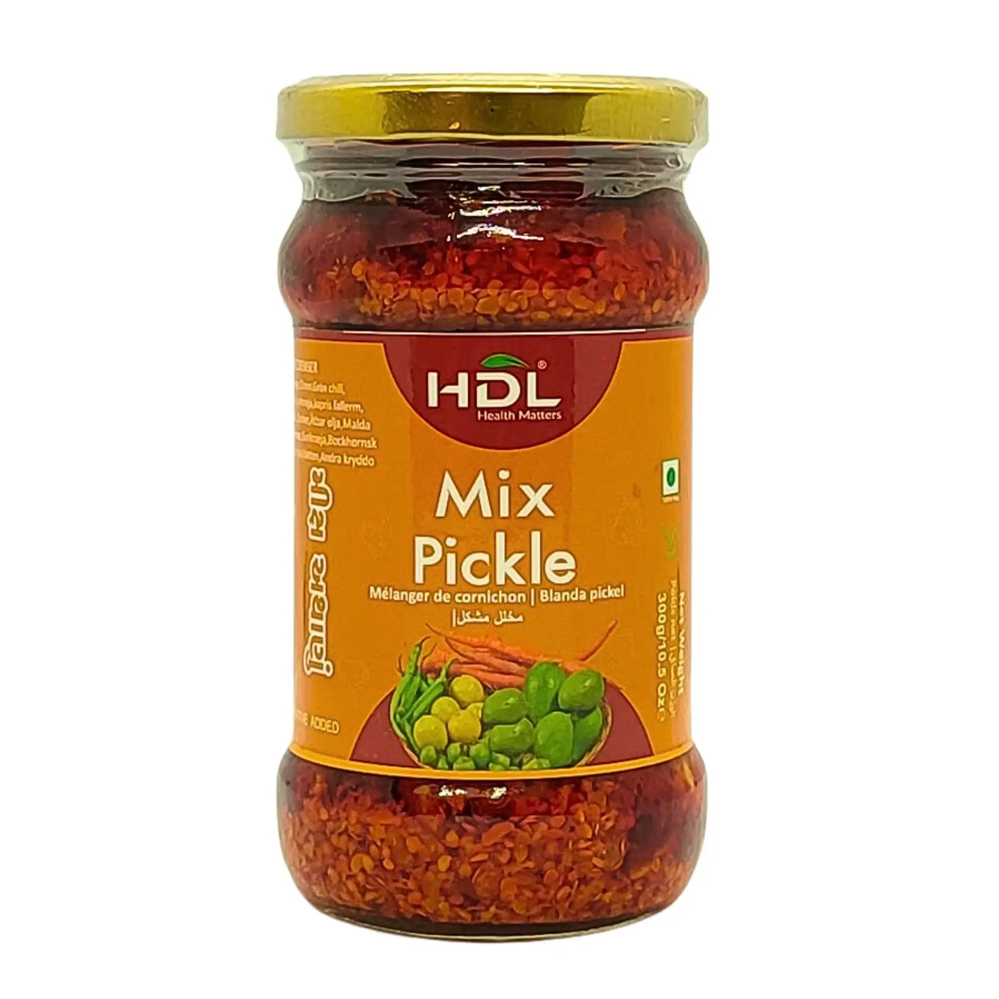 Lasipurkki, jossa on HDL Mix Pickle, intialainen seosmarinoituja vihanneksia, mausteinen ja voimakas, 300 g