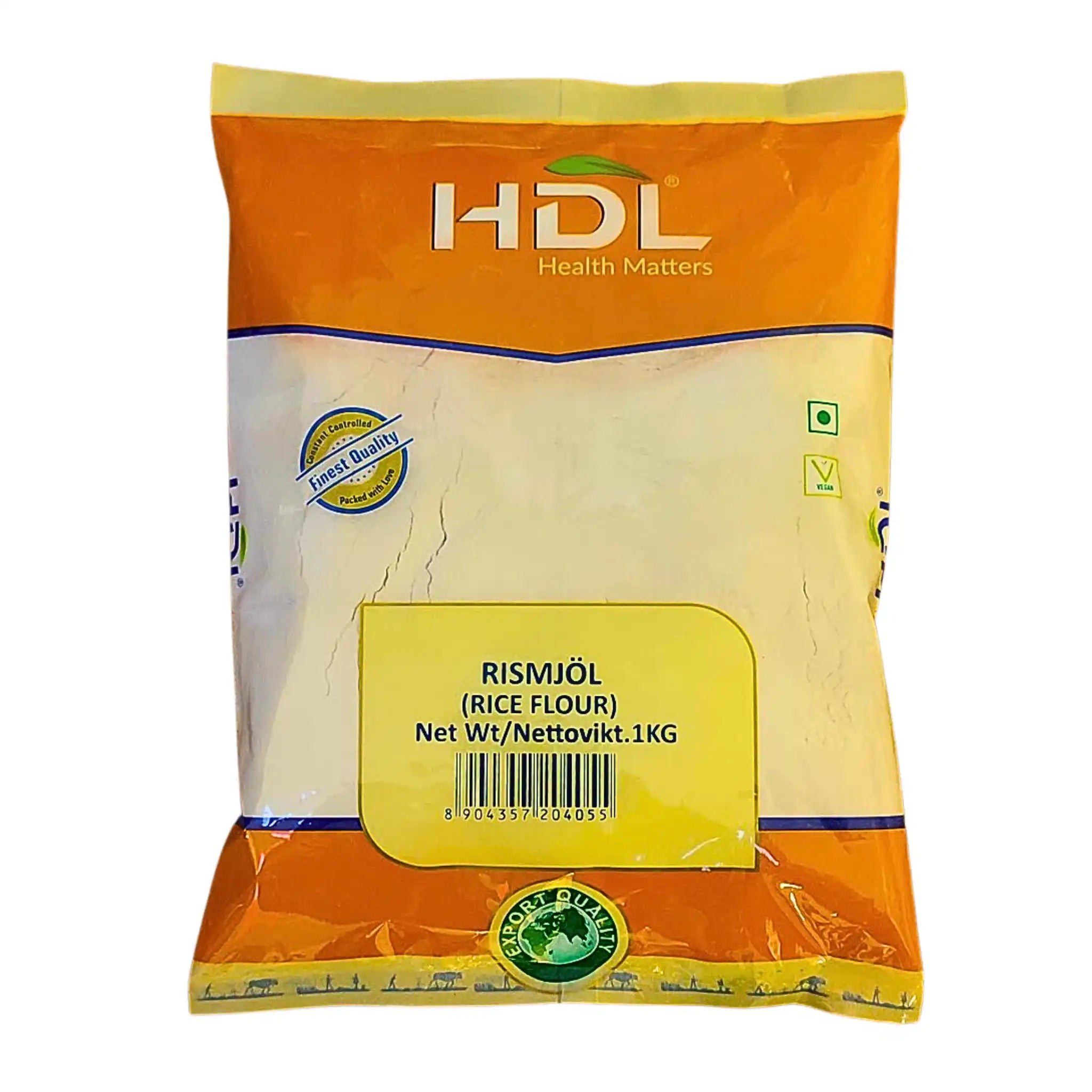 HDL-riisijauhopussi 1 kg, oranssi ja keltainen pakkaus, vientilaatuinen, itämainen elintarvike.