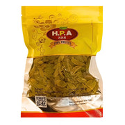 Vihreät rusinat 250 g läpinäkyvässä ja keltaisessa pakkauksessa H.P.A:sta, itämaisia kuivattuja hedelmiä.