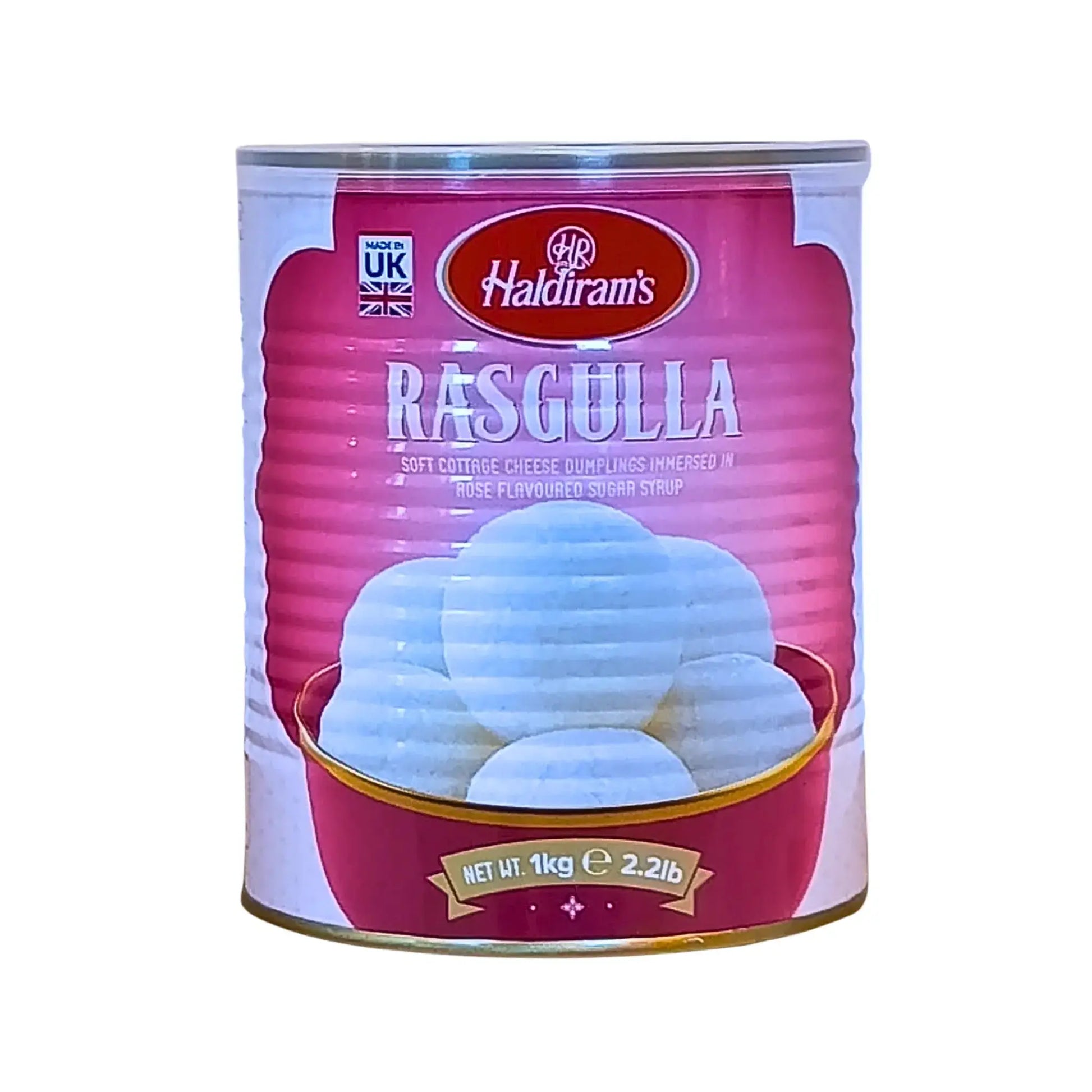 Haldiram's Rasgulla 1 kg:n säilykepurkki, intialainen sokerisiirapissa oleva jälkiruoka valkoisella taustalla