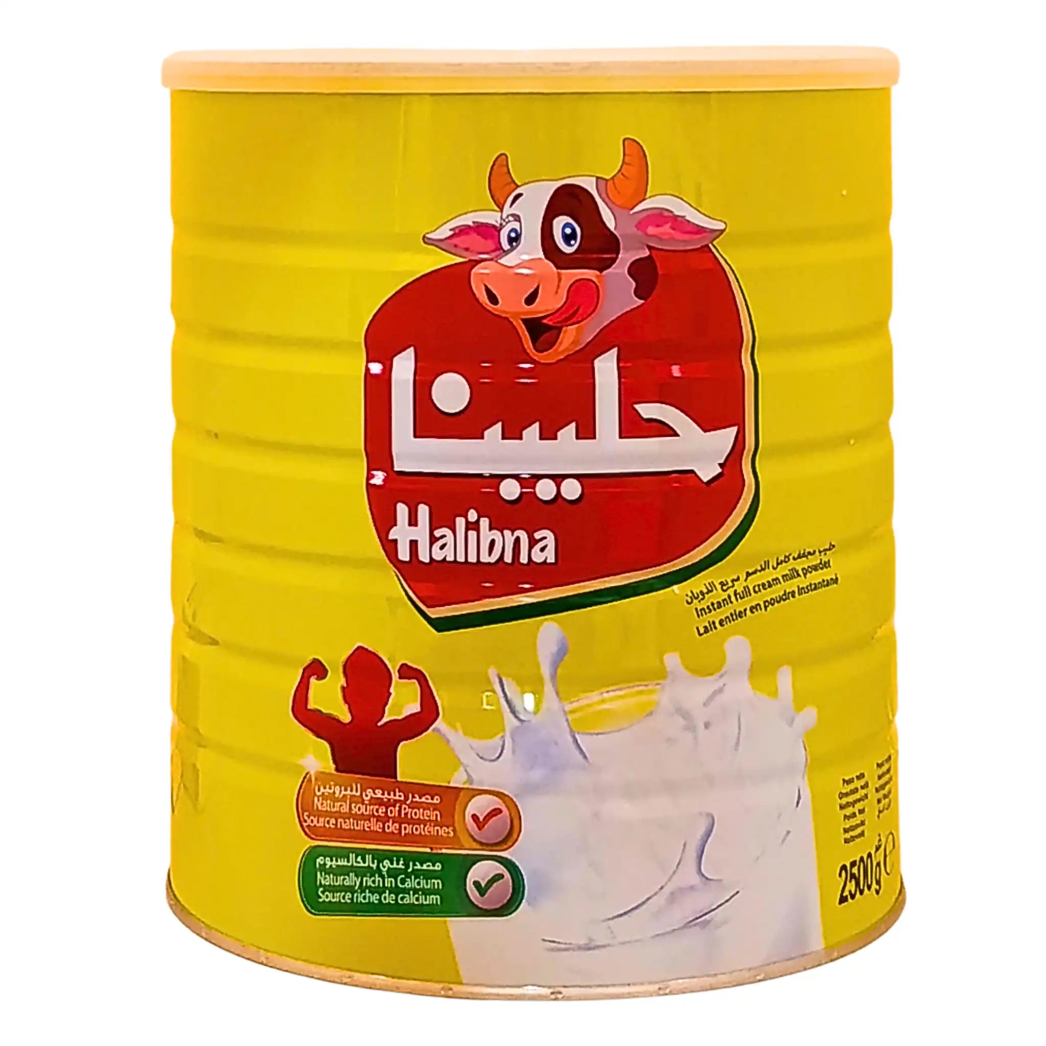 Halibna maitojauhe 2500 g keltaisessa tölkillä, jossa on lehmän kuva ja etiketillä valuvaa maitoa.