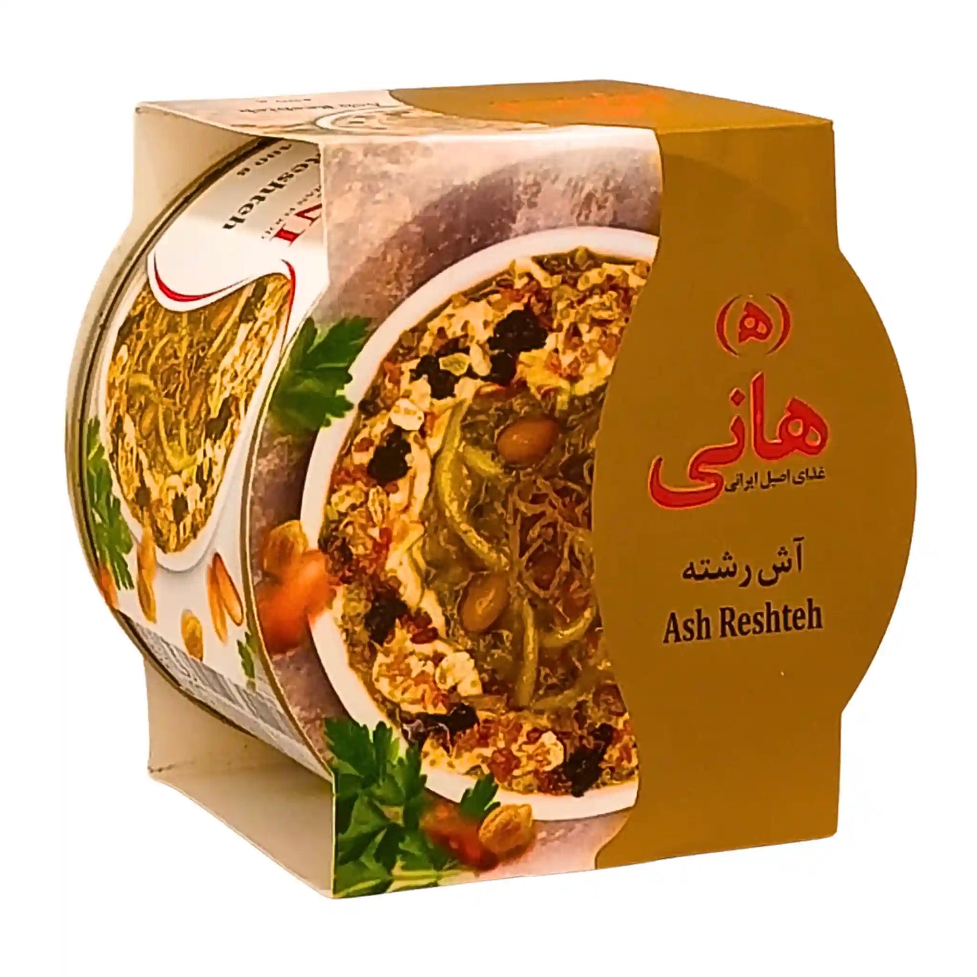 Pakkaus Ash Reshteh-iranilaista keittoa, etupuolella näkyvä koristeleva kulho.