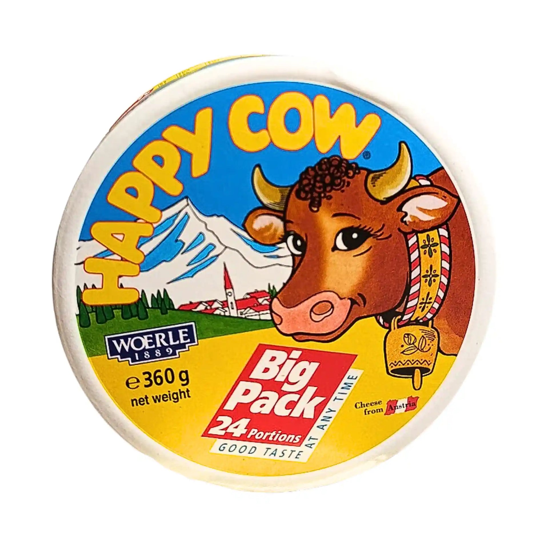 Pyöreä pakkaus Happy Cow -sulatusjuustoa 360 g, 24 annospala, värikäs etiketti lehmän ja alppimaiseman kuvalla.