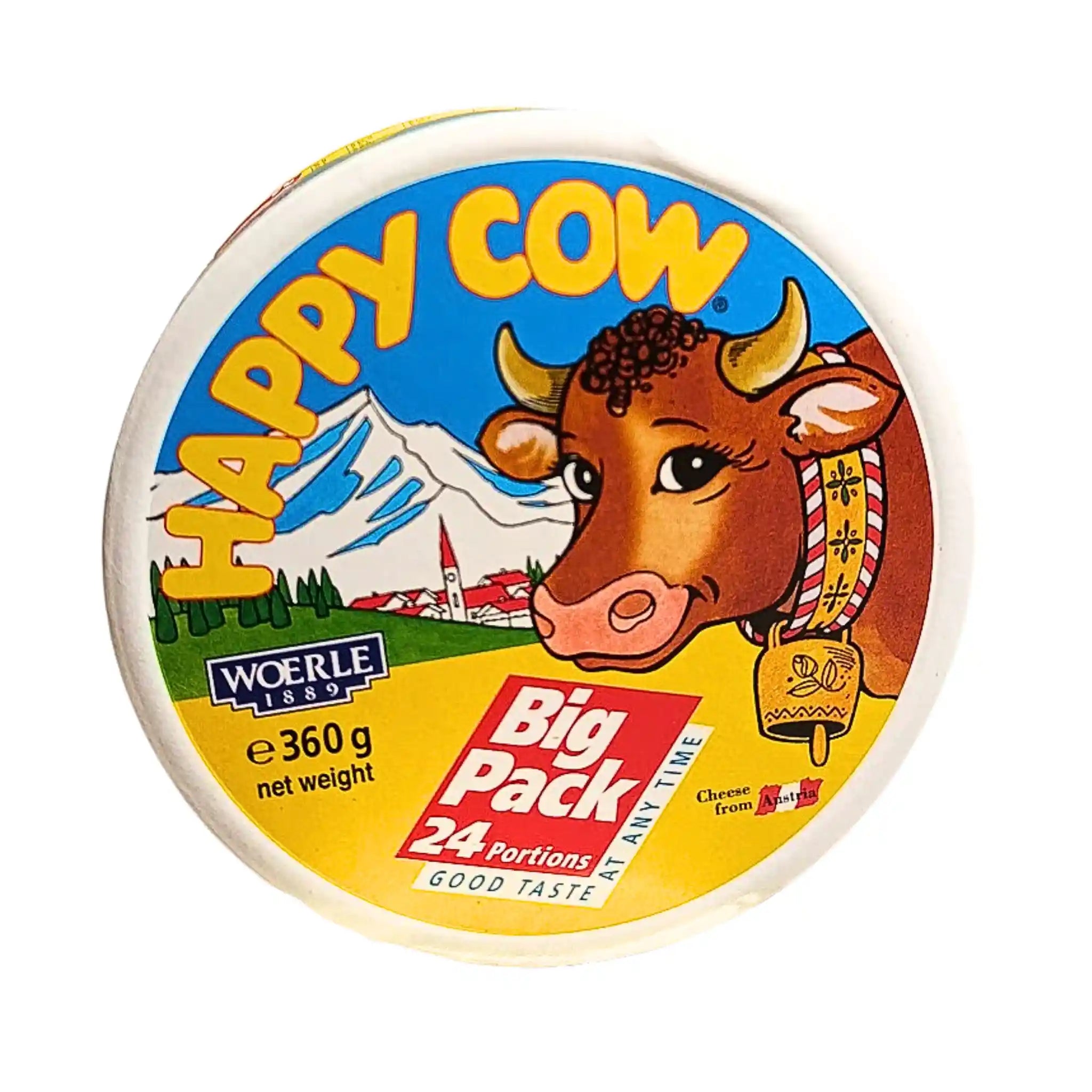 Pyöreä pakkaus Happy Cow -sulatusjuustoa 360 g, 24 annospala, värikäs etiketti lehmän ja alppimaiseman kuvalla.