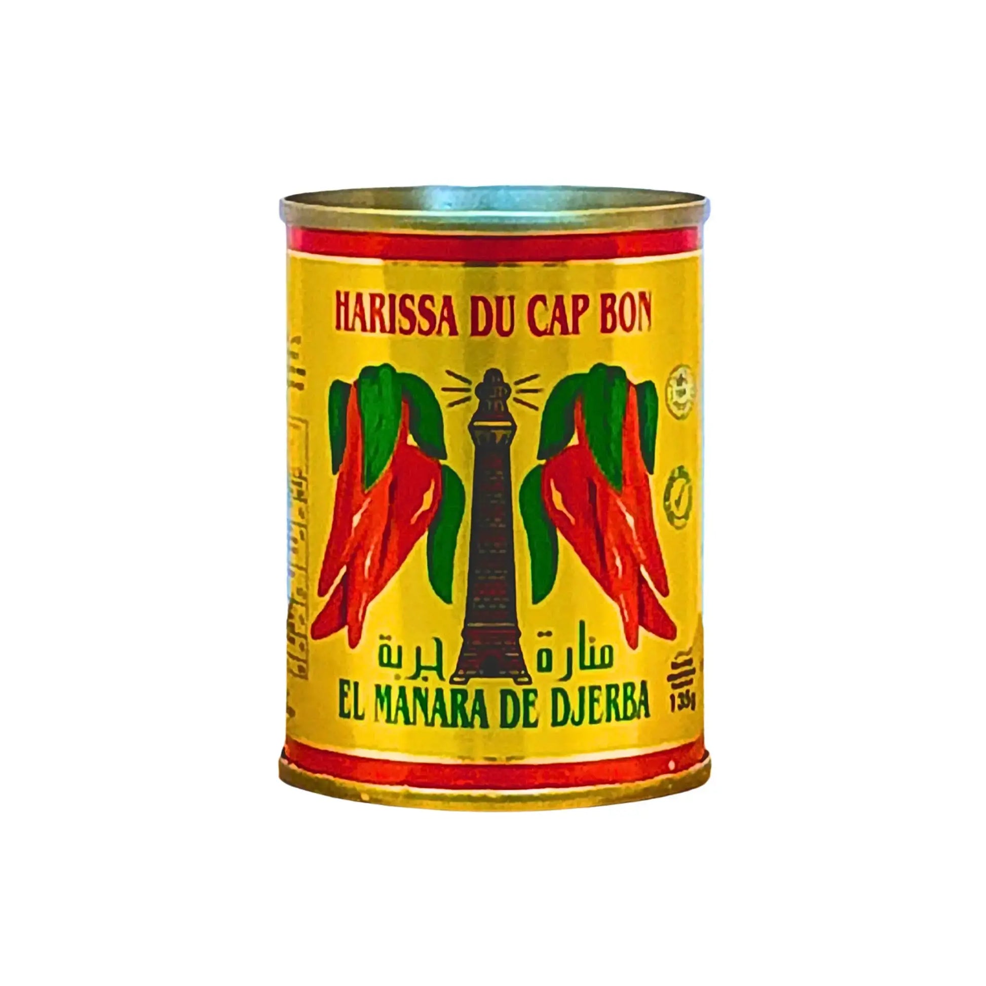 Keltainen Harissa du Cap Bon -purkki, punaisia chilituotteita ja valotorni etiketissä.