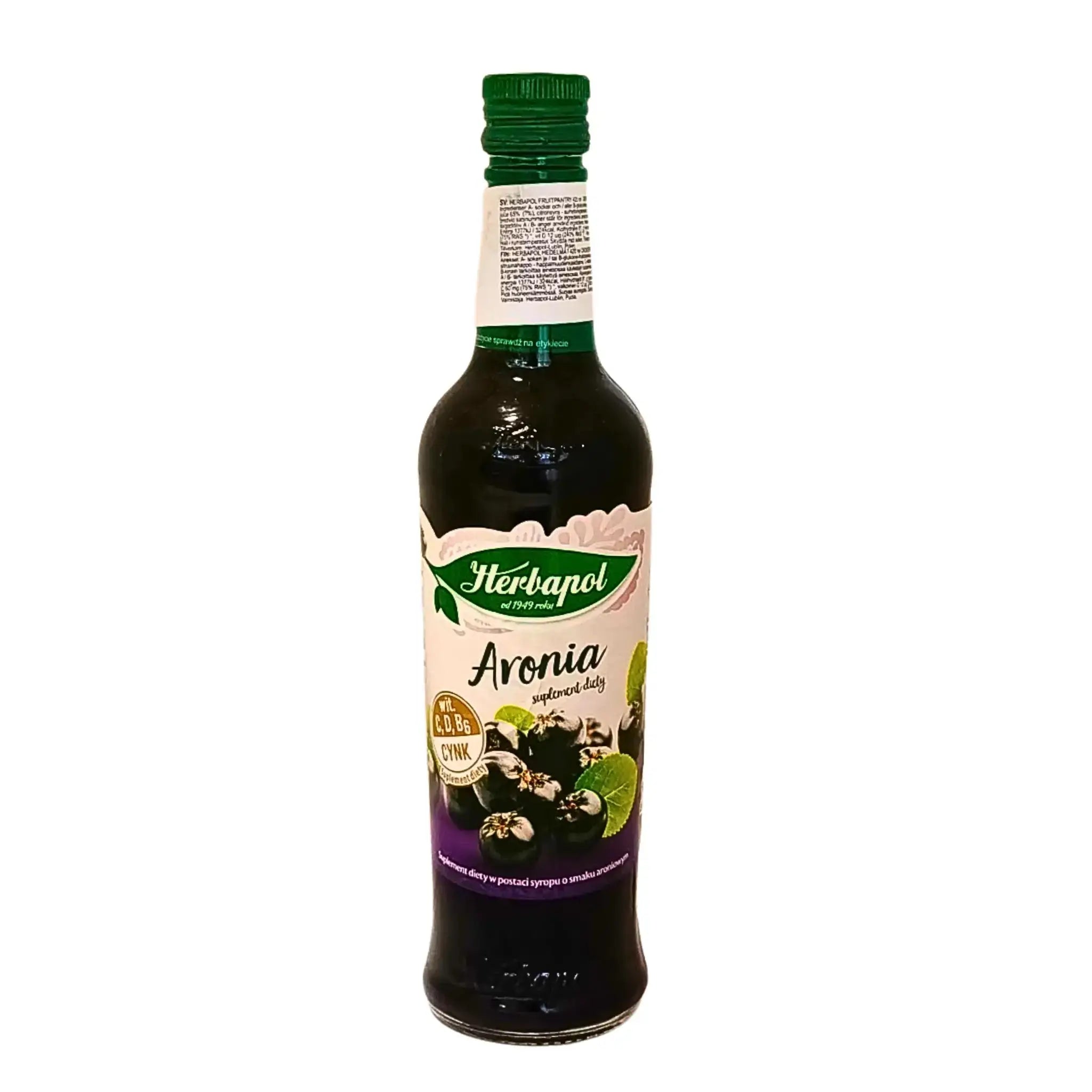 Pullo aroniahedelmäsiirappia 420 ml, etiketissä aroniahedelmiä ja vihreä korkki valkoista taustaa vasten.