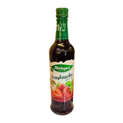 Pullon mansikkasiirappia, Herbapol, 420 ml, selkeä etiketti mansikoilla valkoisella taustalla.