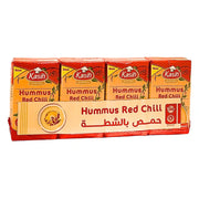 Kasih-hummus neljän pakettina chilillä, aasialainen vegaaninen välipala punaisissa pakkauksissa