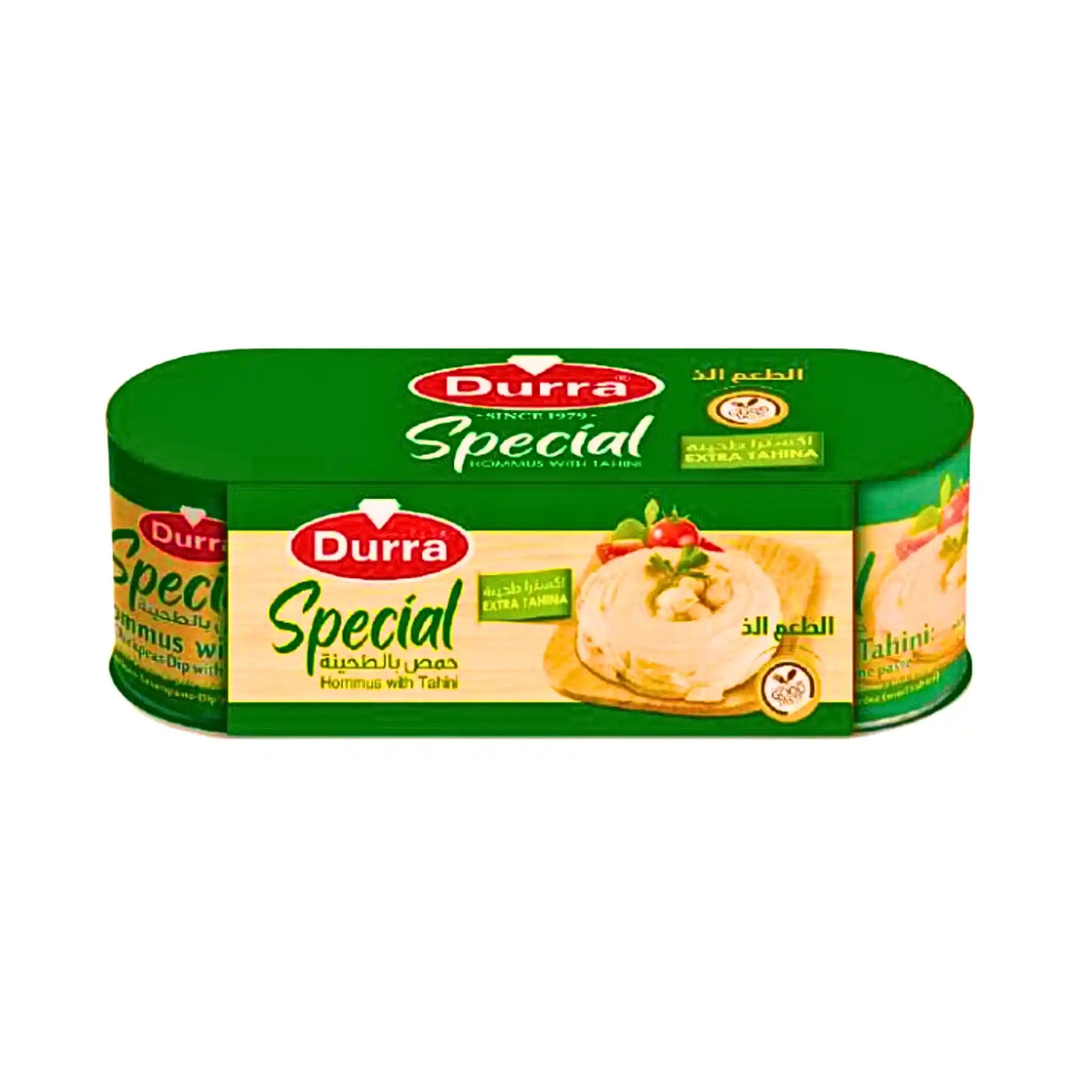 Durra hummus tahinipurkissa, vihreä ja beige pakkaus, itämaista lisuketta
