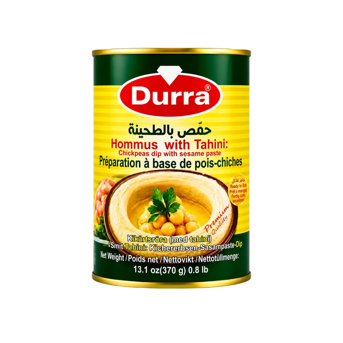 Durra hummus med tahini i grön-gul metallburk med etikett