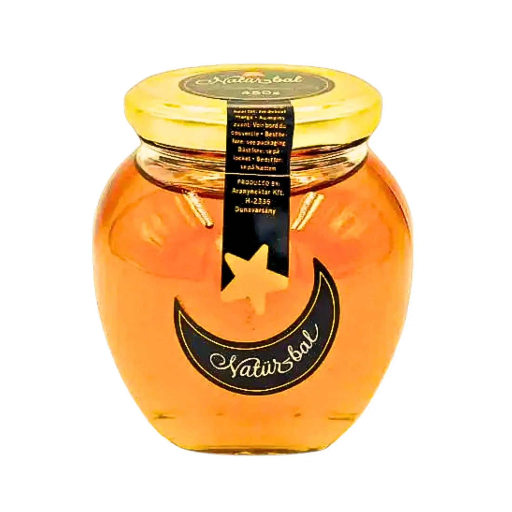 Lasipurkki kultaisella hunajasiirapilla, koristeellinen etiketti tähti- ja kuun kuvioilla, 450 g.