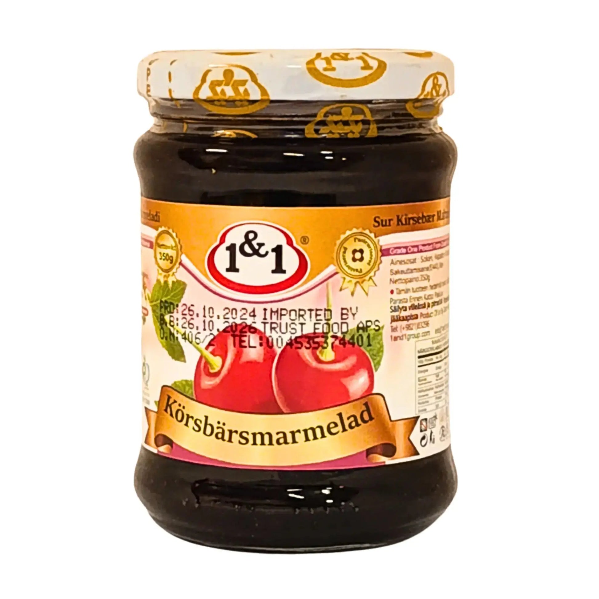 Lasipurkki kirsikkahillon etiketillä, kirsikkakuvaus, 350 g