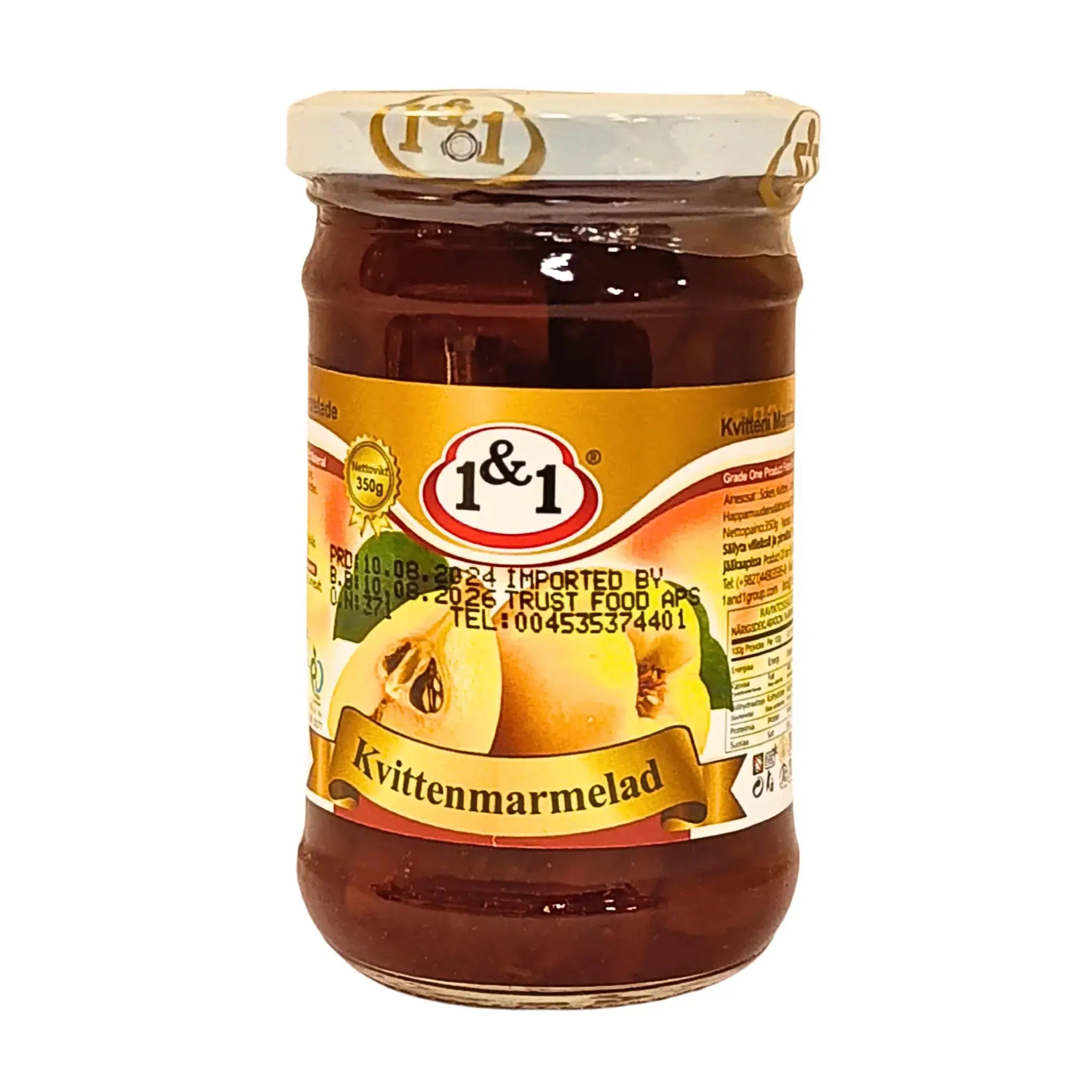Lasipurkki iranilaista kvittenimarmeladia 350g, hedelmät ja etiketti näkyvissä pakkauksessa.