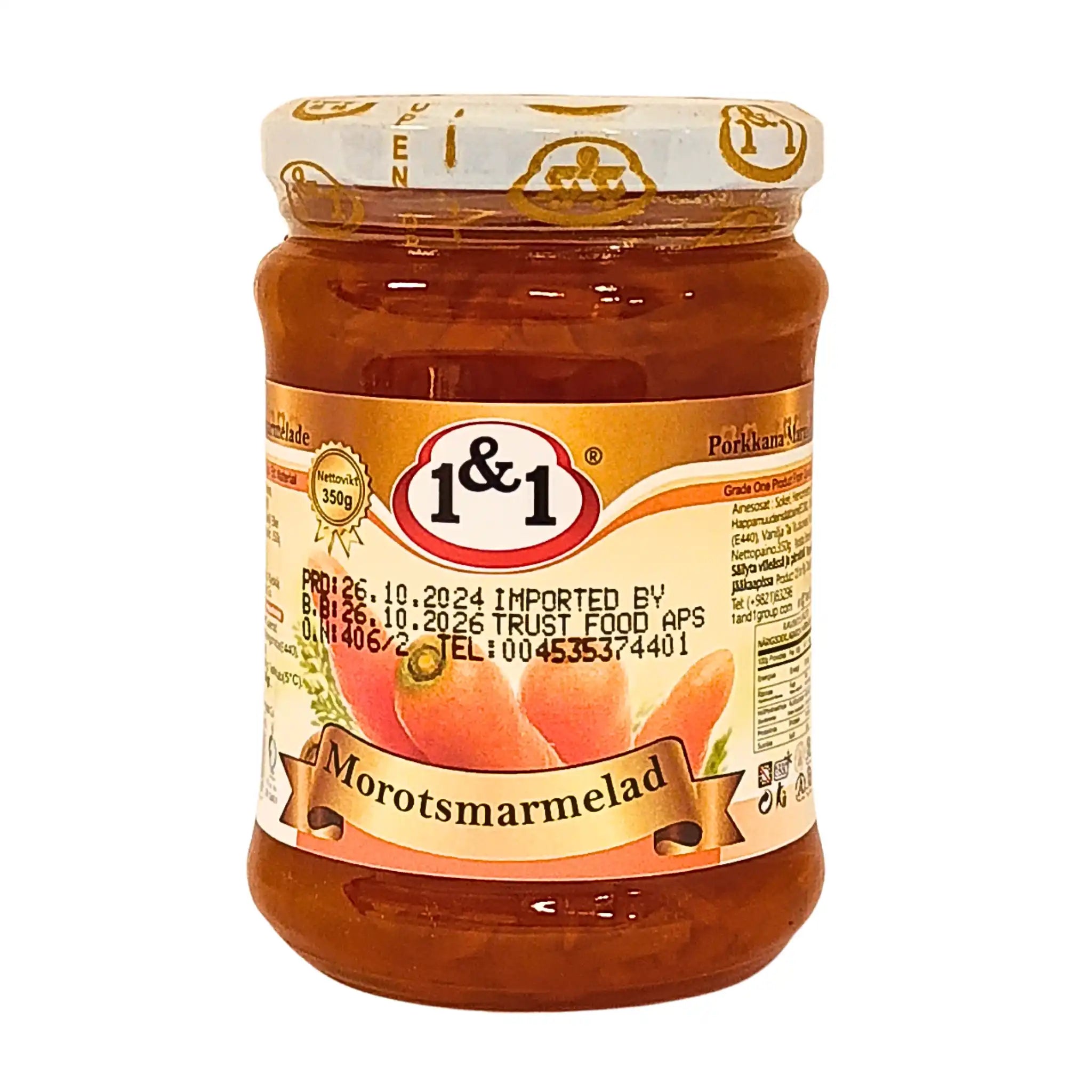 Lasipurkki porkkanamarmeladia, etiketissä porkkanoita ja teksti Morotsmarmelad 350g